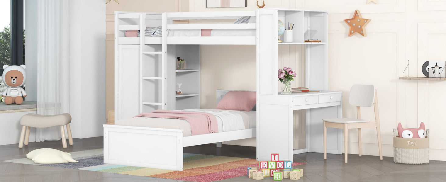 Twin Size Loft Bed With A Stand Alone Bed, Shelves,Desk,And Wardrobe White White Solid Wood