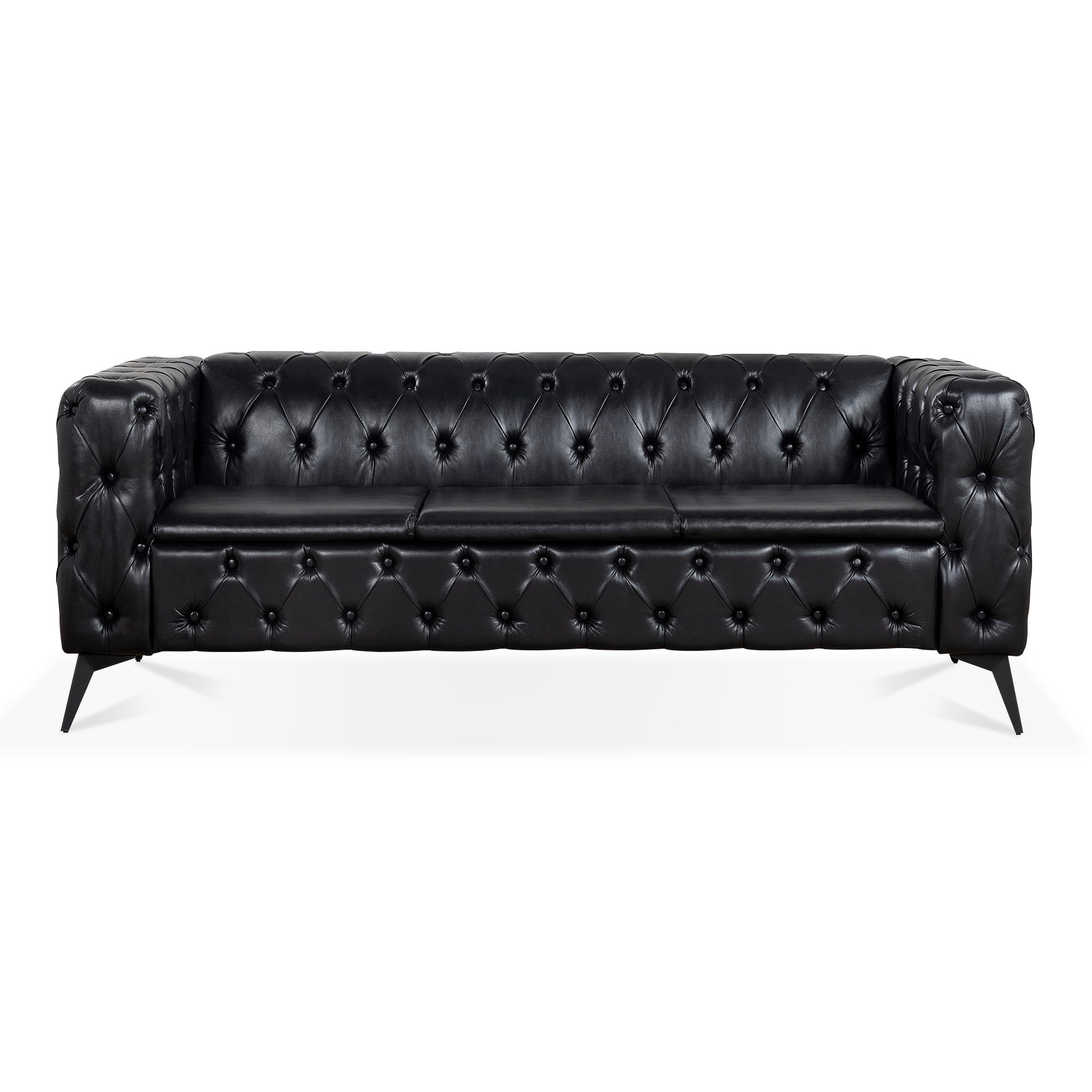 84.06 Inch Width Traditional Square Arm Removable Cushion 3 Seater Sofa Black Foam Pu