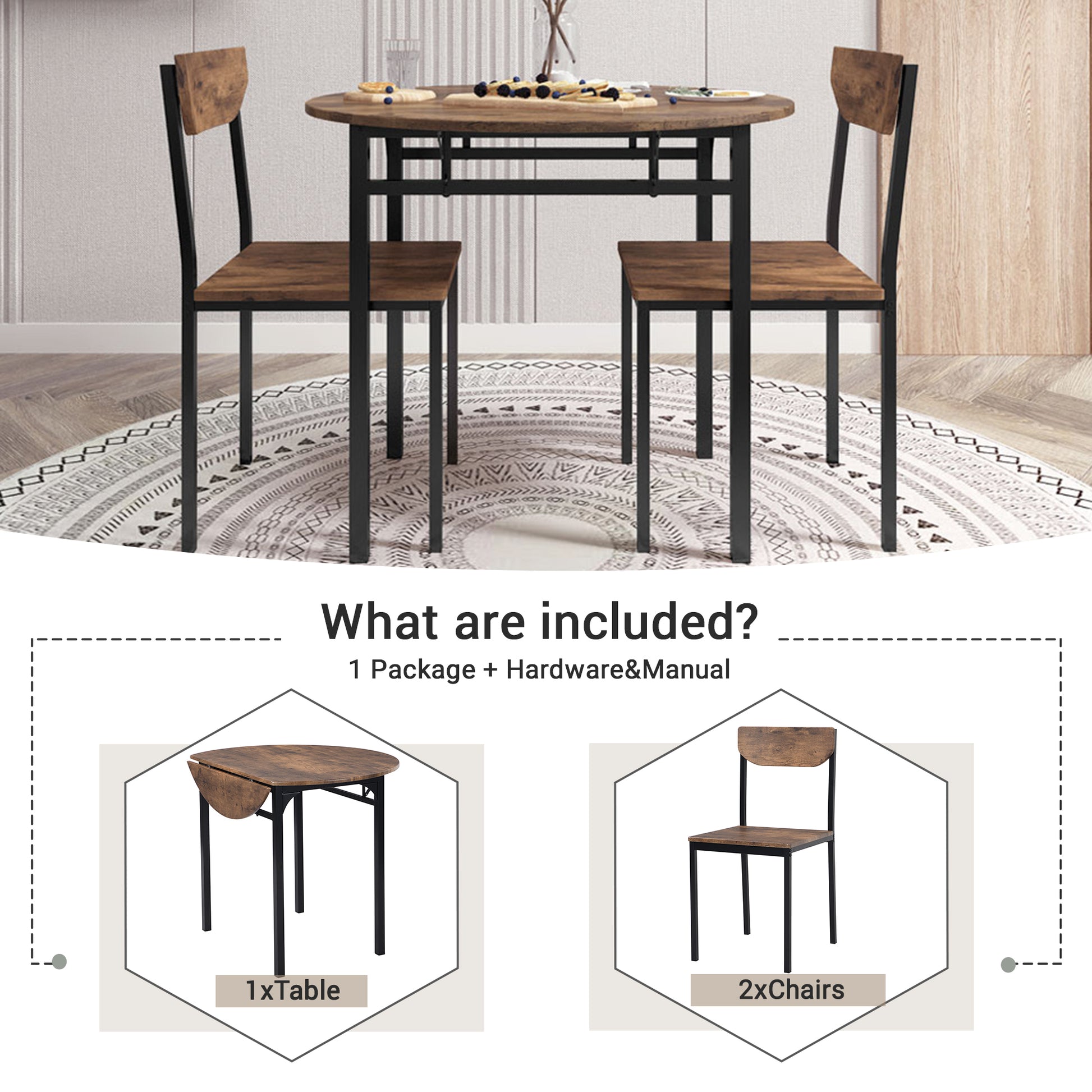 Modern 3 Piece Round Dining Table Set With Drop Leaf And 2 Chairs For Small Places,Black Frame Rustic Brown Finish Rustic Brown Solid Back Seats 2 Metal Dining Room Drop Leaf Folding Modern 4 Leg Round Dining Table With Chair Metal