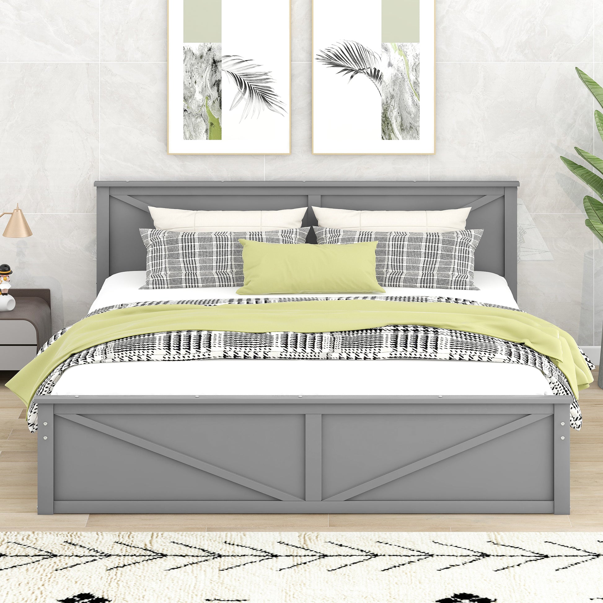 King Size Wooden Platform Bed With Four Storage Drawers And Support Legs, Gray Gray Pine