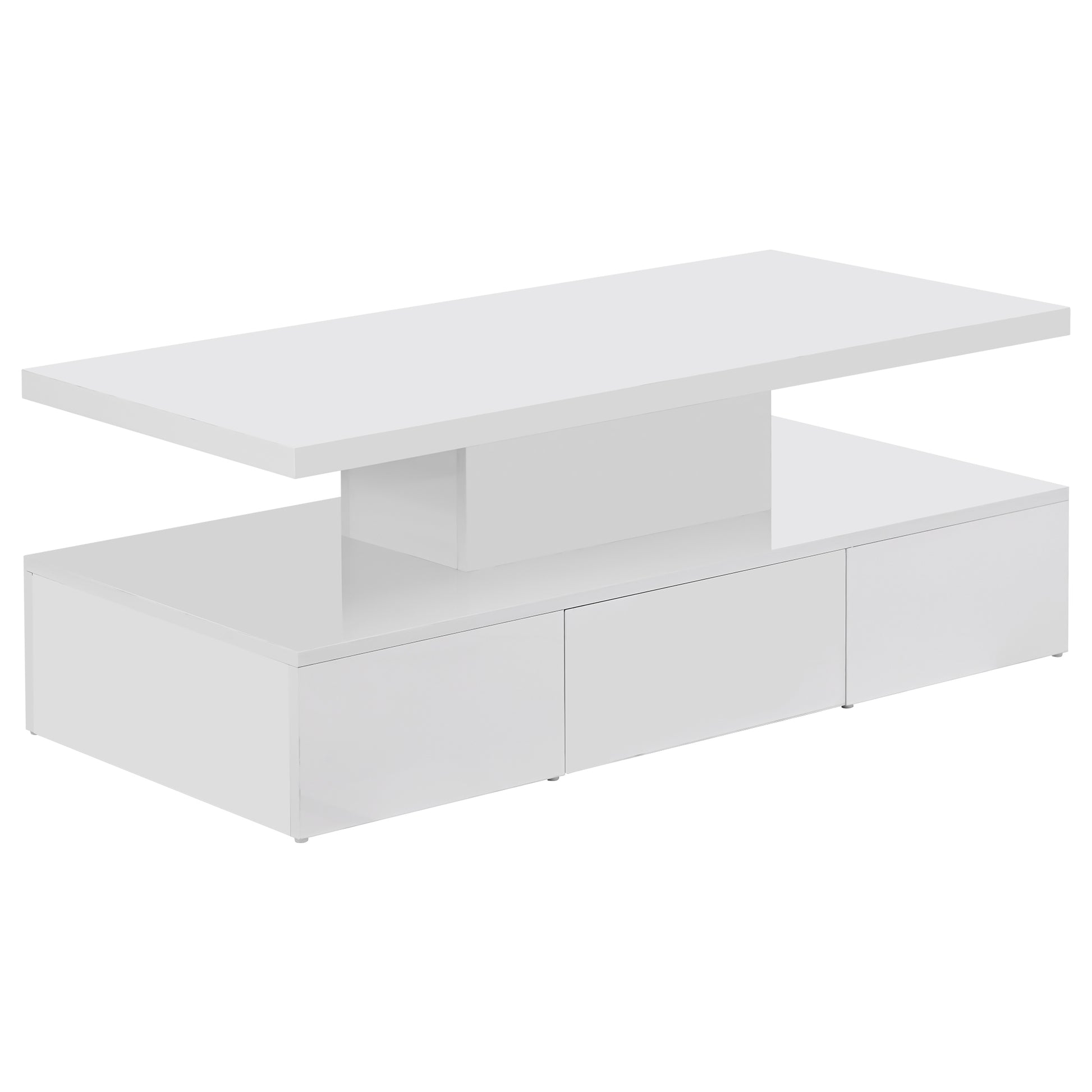 Modern Glossy Coffee Table With Drawer, 2 Tier Rectangle Center Table With Led Lighting For Living Room, 39.3''X19.6''X15.3'', White White Particle Board