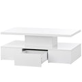 Modern Glossy Coffee Table With Drawer, 2 Tier Rectangle Center Table With Led Lighting For Living Room, 39.3''X19.6''X15.3'', White White Particle Board