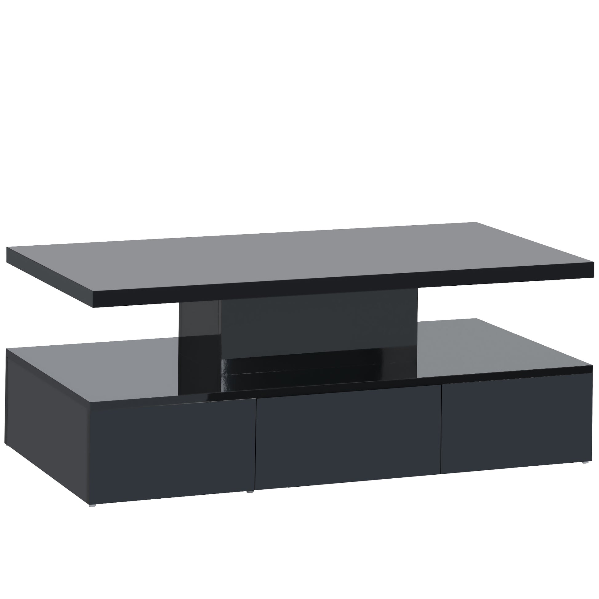 Modern Glossy Coffee Table With Drawer, 2 Tier Rectangle Center Table With Led Lighting For Living Room, 39.3''X19.6''X15.3'', Black Black Particle Board