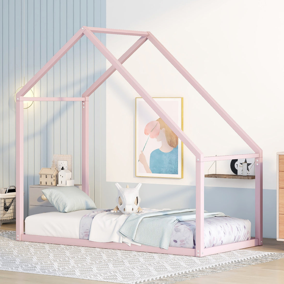 Twin Size Metal House Bed Kids Bed, Pink Pink Metal