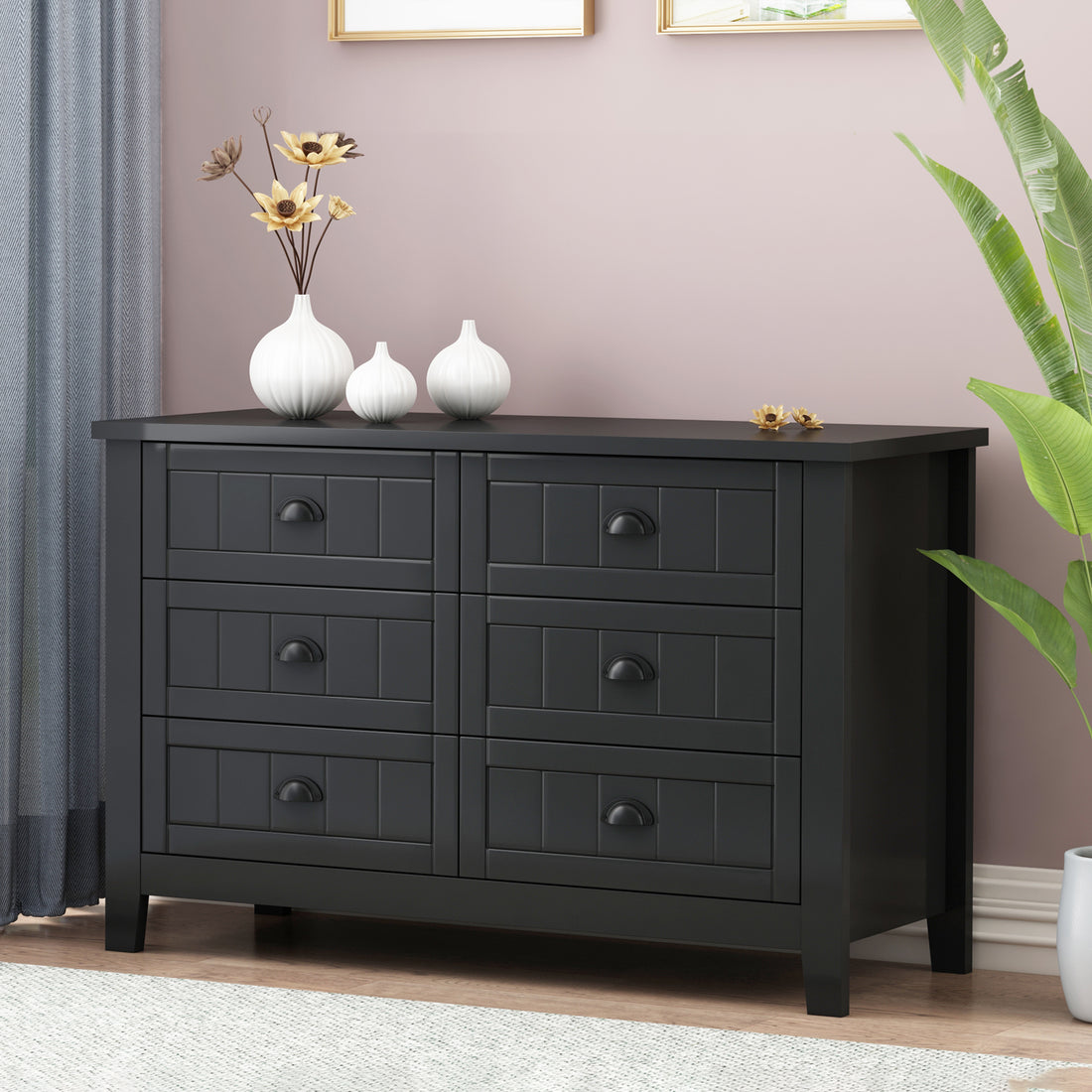 Drawer Dresser Bar Cabinet Side Cabinet,Buffet Sideboard,Buffet Service Counter, Solid Wood Frame,Plasticdoor Panel,Retro Shell Handle,Applicable To Dining Room, Living Room, Kitchen ,Corridor,Black 5 Or More Drawers Black Primary Living Space Drawers