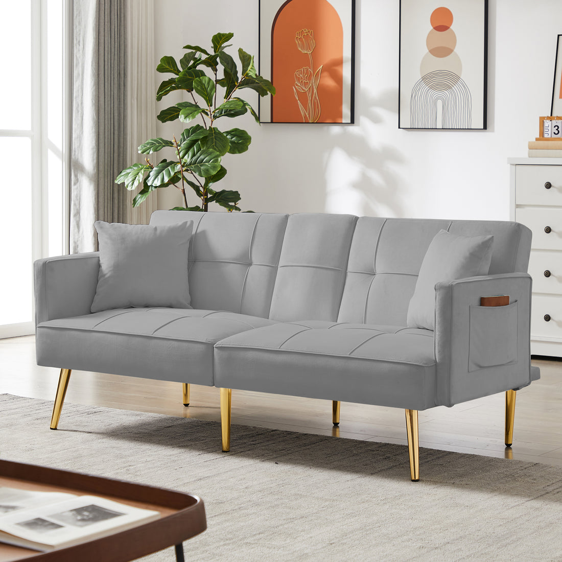 Grey Velvet Futon Sofa Bed With Gold Metal Legs Grey Velvet Wood Tufted Back Eucalyptus Square Arms Foam Velvet 2 Seat