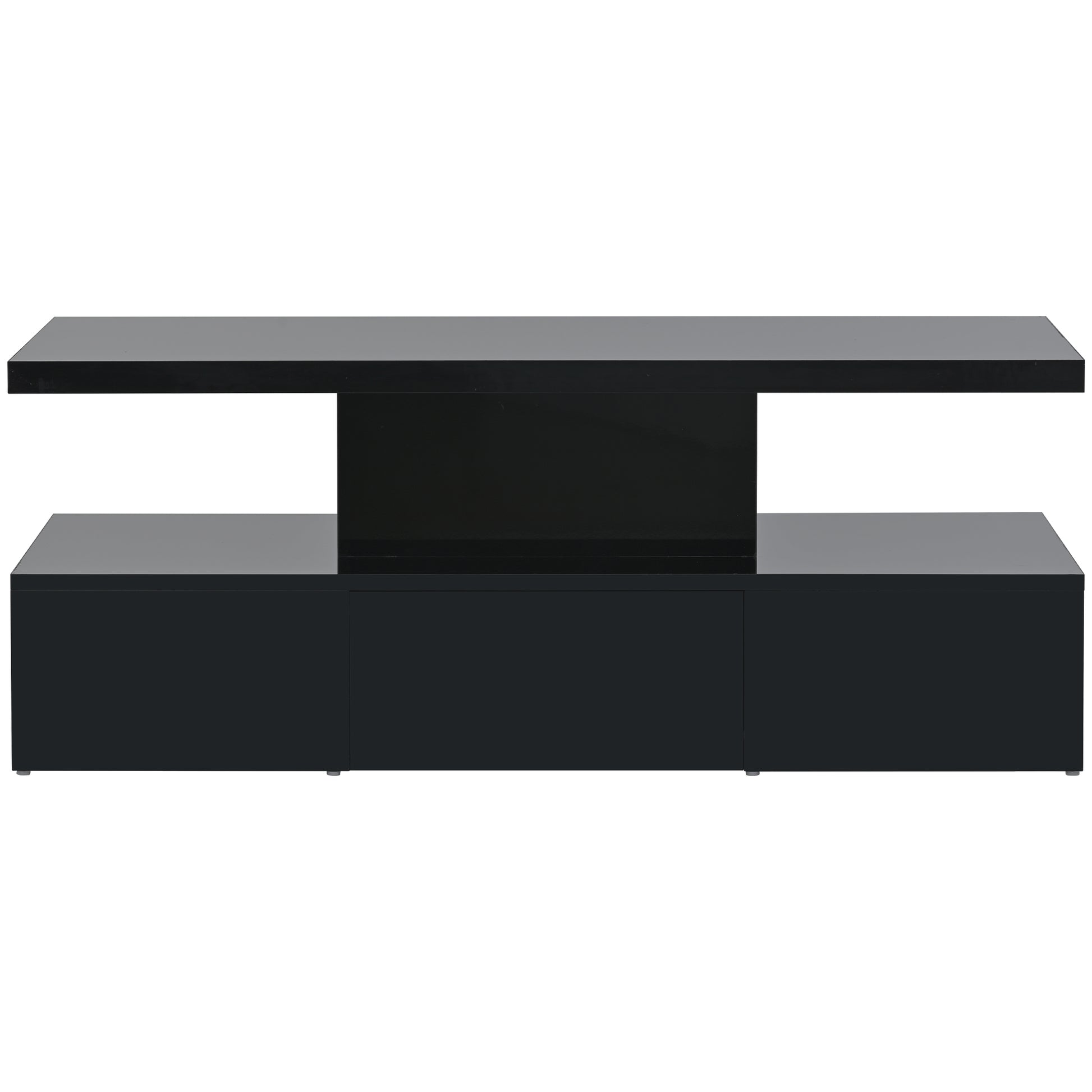 Modern Glossy Coffee Table With Drawer, 2 Tier Rectangle Center Table With Led Lighting For Living Room, 39.3''X19.6''X15.3'', Black Black Particle Board