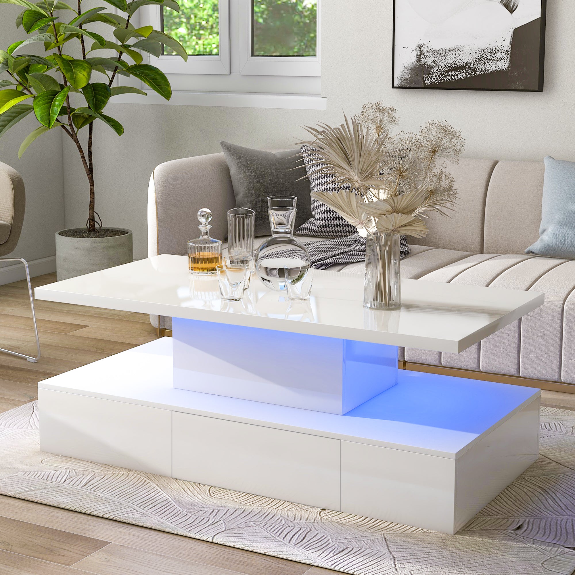 Modern Glossy Coffee Table With Drawer, 2 Tier Rectangle Center Table With Led Lighting For Living Room, 39.3''X19.6''X15.3'', White White Particle Board