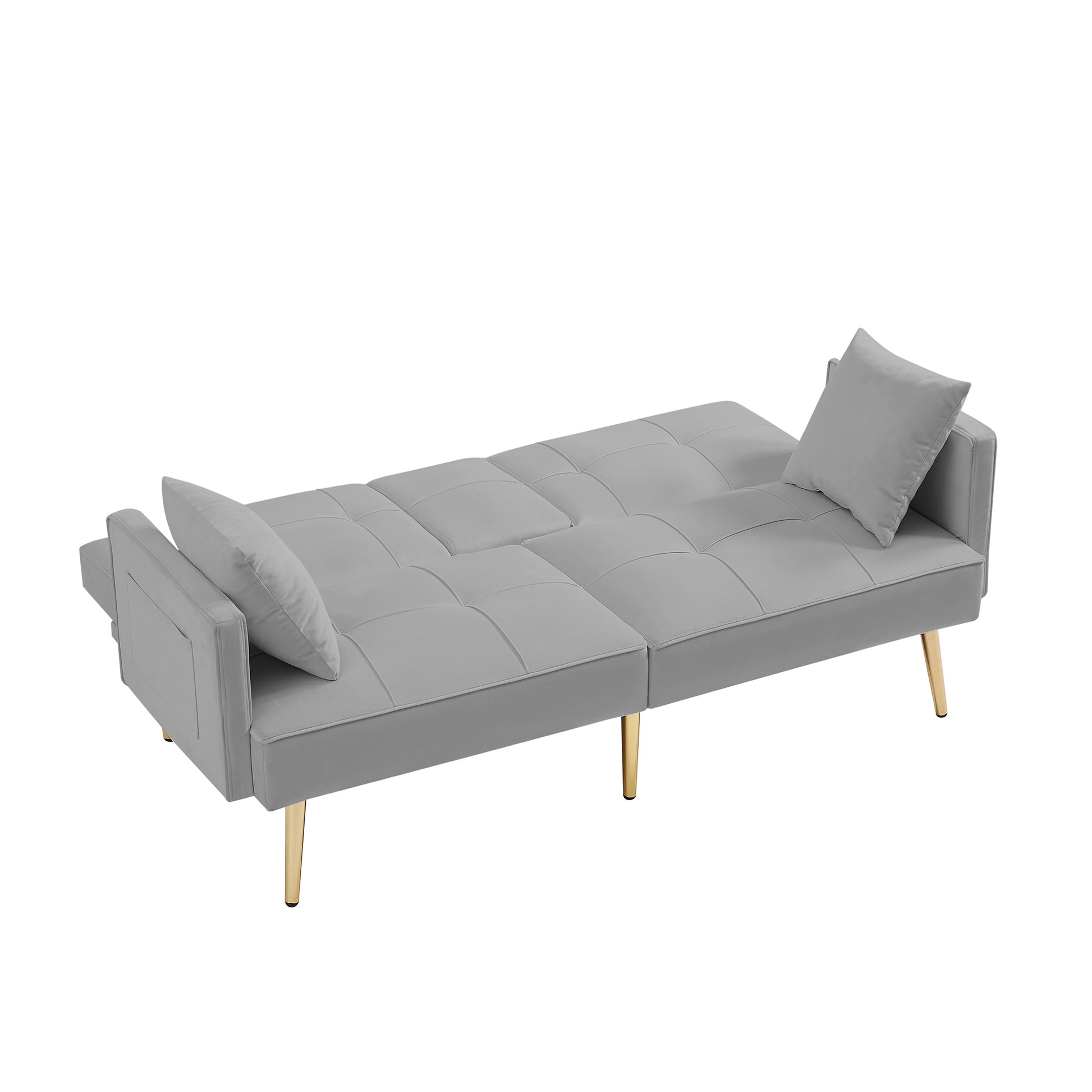 Grey Velvet Futon Sofa Bed With Gold Metal Legs Grey Velvet Wood Tufted Back Eucalyptus Square Arms Foam Velvet 2 Seat