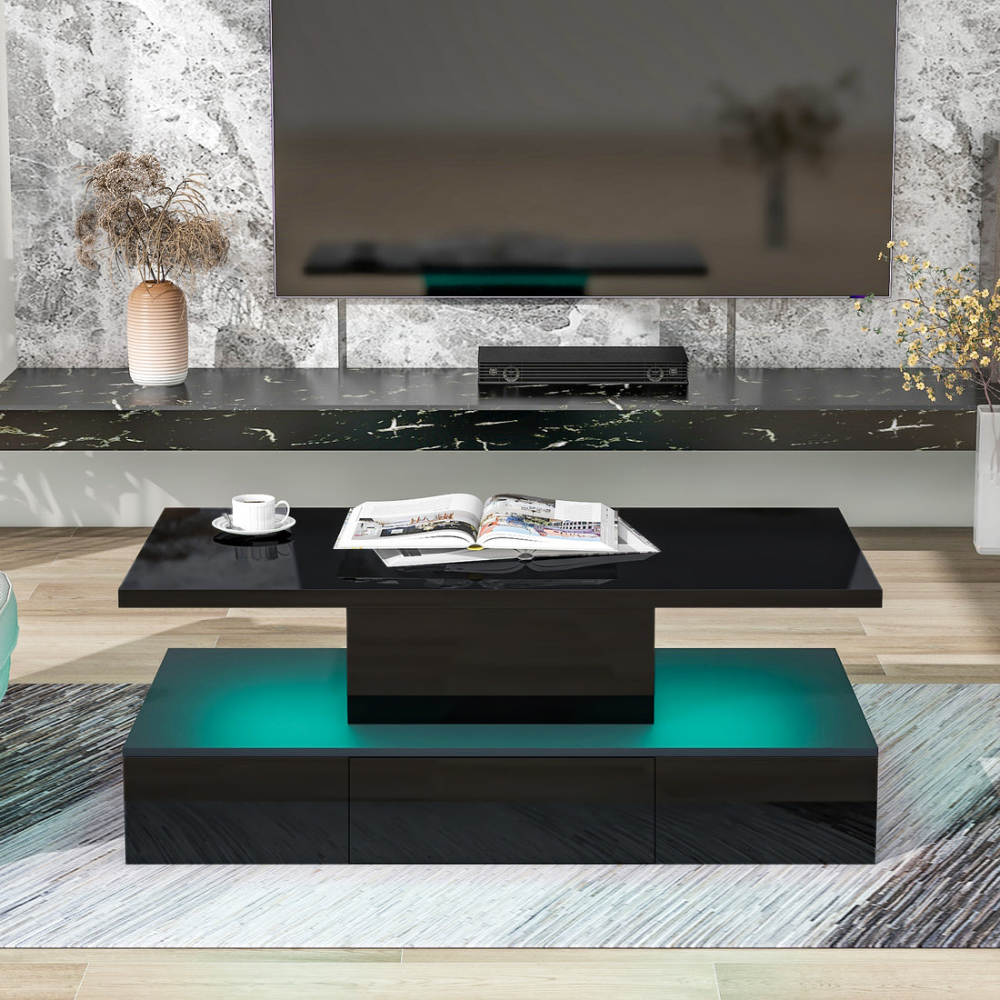 Modern Glossy Coffee Table With Drawer, 2 Tier Rectangle Center Table With Led Lighting For Living Room, 39.3''X19.6''X15.3'', Black Black Particle Board