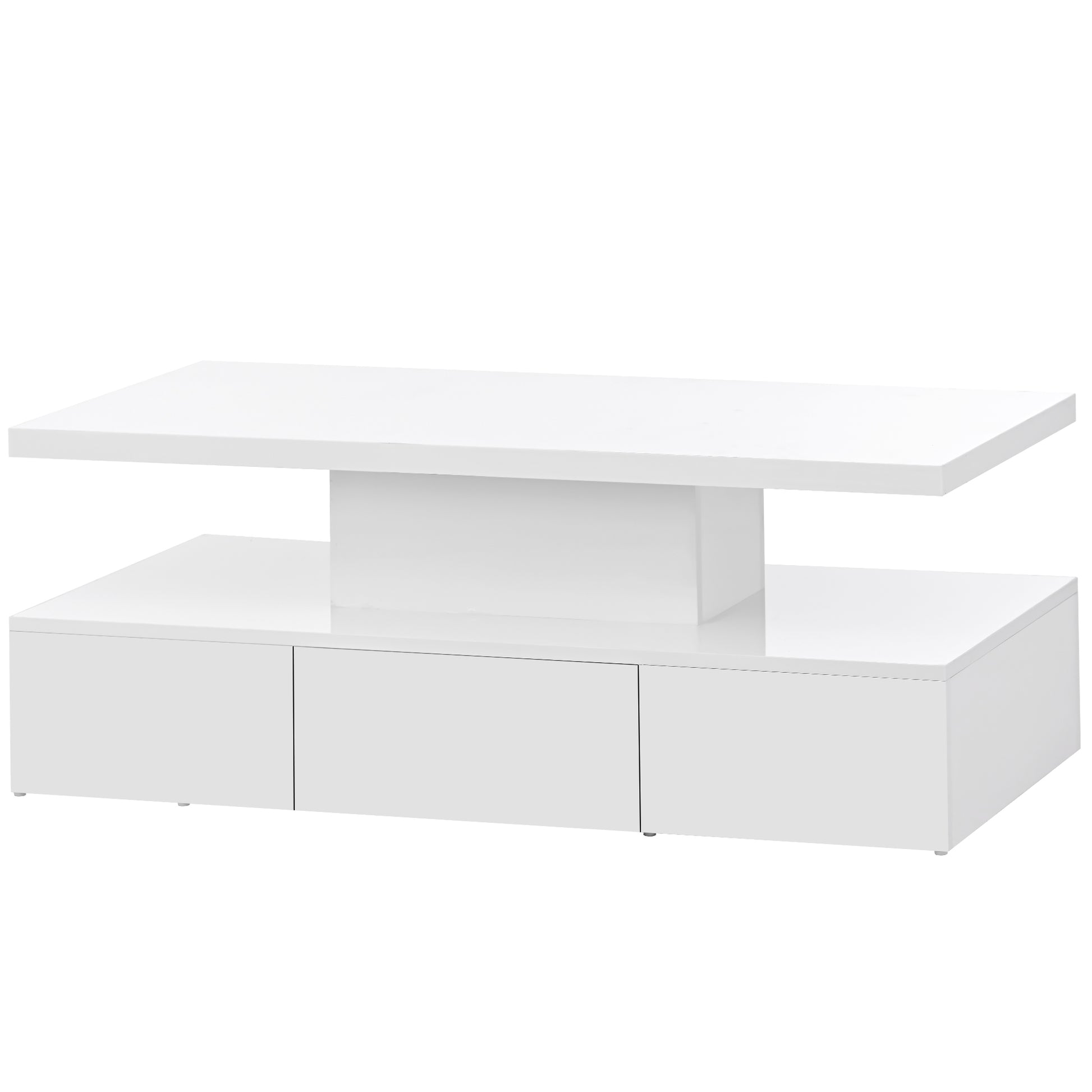 Modern Glossy Coffee Table With Drawer, 2 Tier Rectangle Center Table With Led Lighting For Living Room, 39.3''X19.6''X15.3'', White White Particle Board