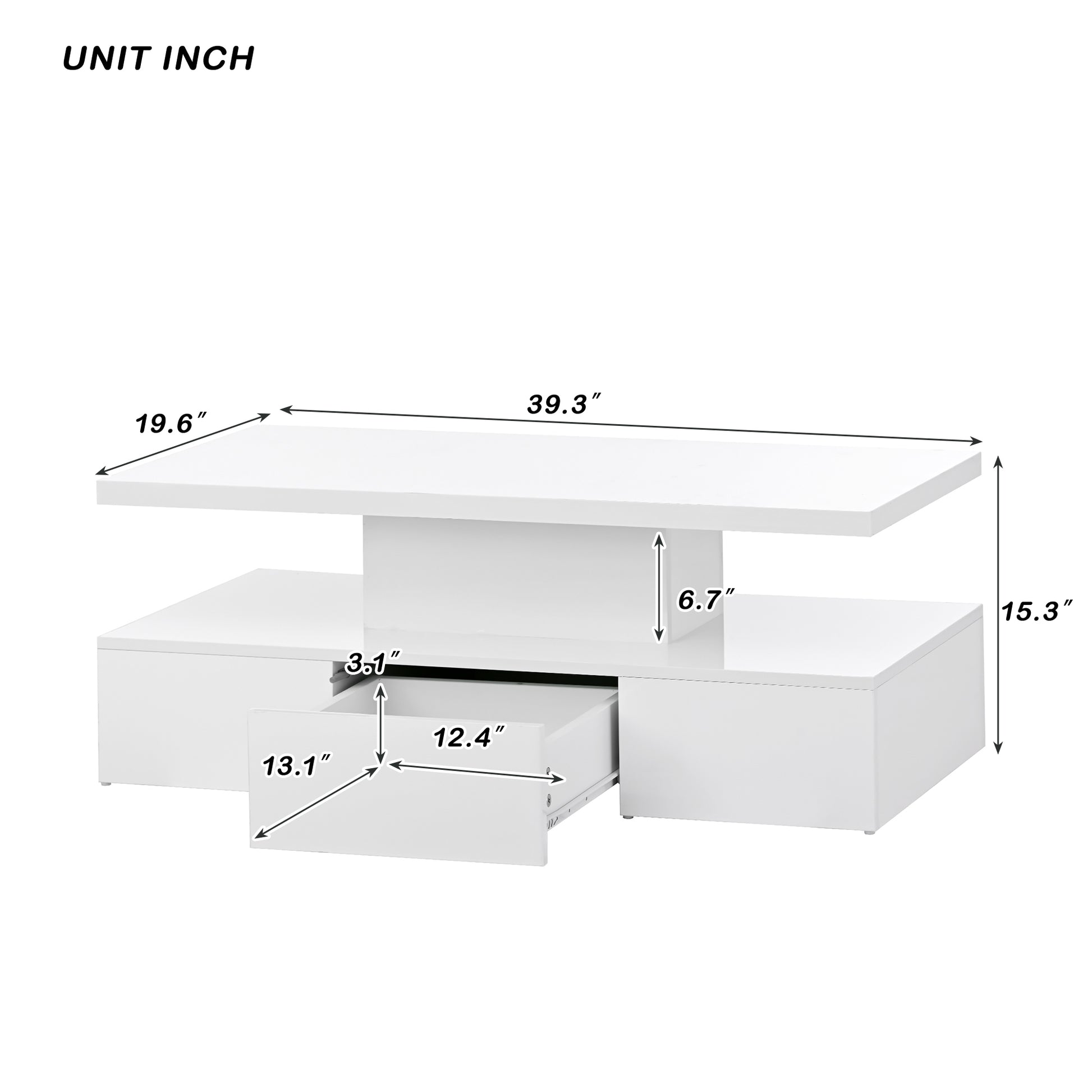 Modern Glossy Coffee Table With Drawer, 2 Tier Rectangle Center Table With Led Lighting For Living Room, 39.3''X19.6''X15.3'', White White Particle Board