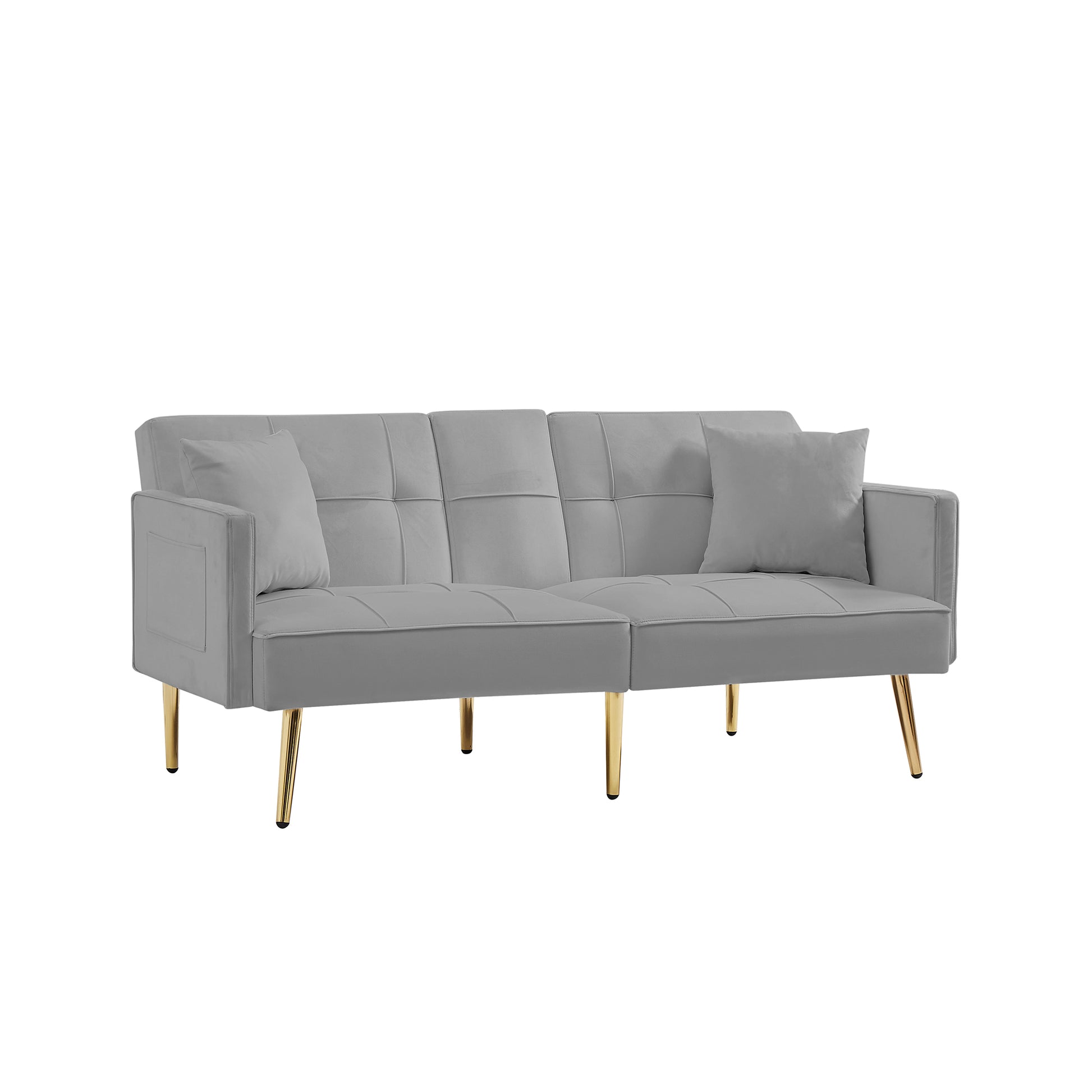 Grey Velvet Futon Sofa Bed With Gold Metal Legs Grey Velvet Wood Tufted Back Eucalyptus Square Arms Foam Velvet 2 Seat