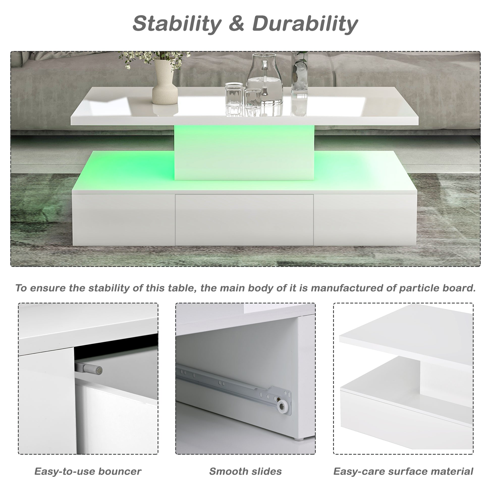 Modern Glossy Coffee Table With Drawer, 2 Tier Rectangle Center Table With Led Lighting For Living Room, 39.3''X19.6''X15.3'', White White Particle Board