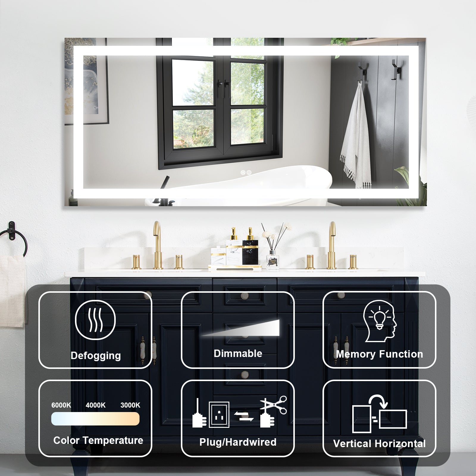 60x28 Inch LED Lighted Bathroom Mirror with 3 Colors silver-aluminium