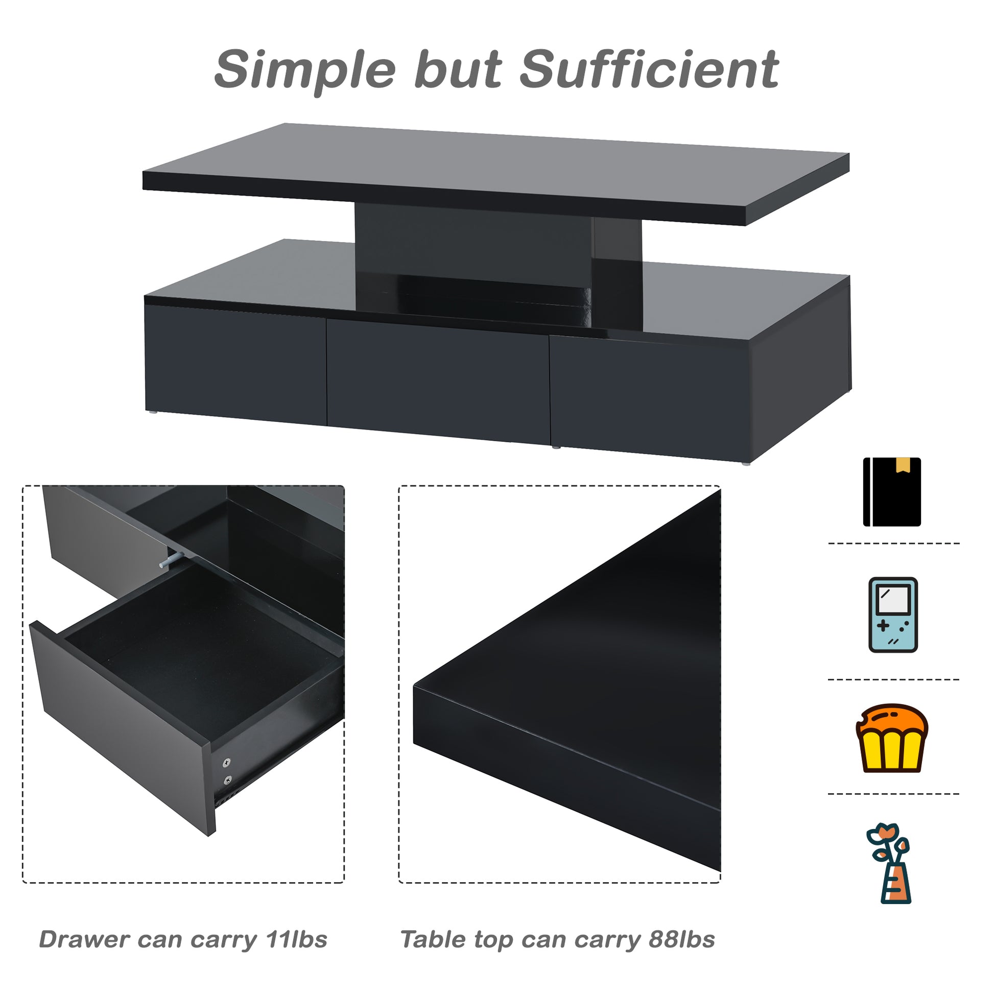 Modern Glossy Coffee Table With Drawer, 2 Tier Rectangle Center Table With Led Lighting For Living Room, 39.3''X19.6''X15.3'', Black Black Particle Board