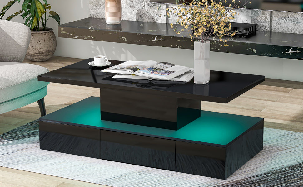 Modern Glossy Coffee Table With Drawer, 2 Tier Rectangle Center Table With Led Lighting For Living Room, 39.3''X19.6''X15.3'', Black Black Particle Board