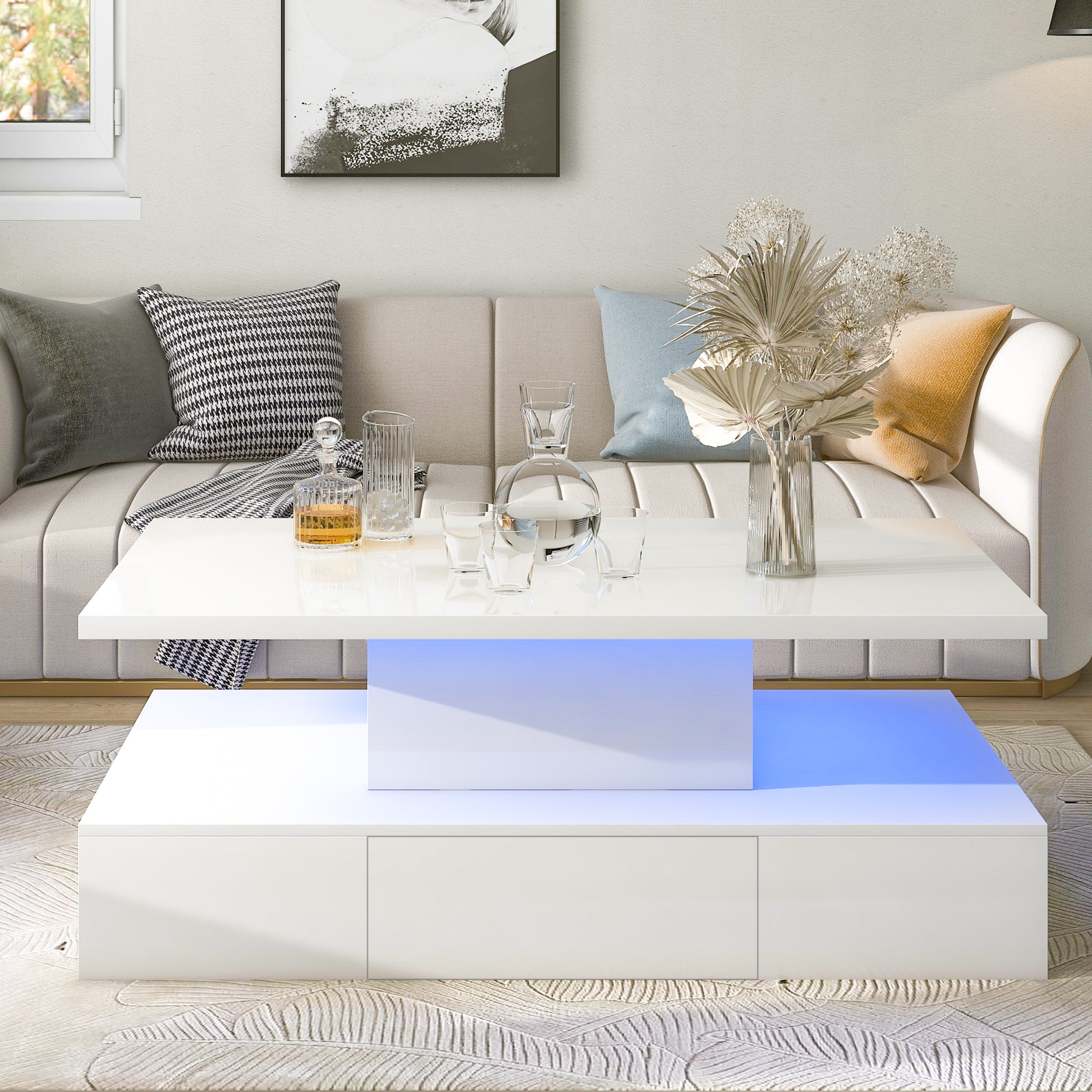 Modern Glossy Coffee Table With Drawer, 2 Tier Rectangle Center Table With Led Lighting For Living Room, 39.3''X19.6''X15.3'', White White Particle Board