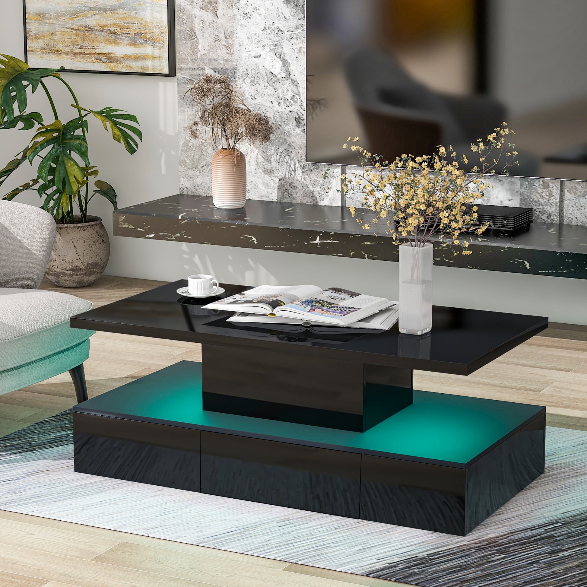 Modern Glossy Coffee Table With Drawer, 2 Tier Rectangle Center Table With Led Lighting For Living Room, 39.3''X19.6''X15.3'', Black Black Particle Board