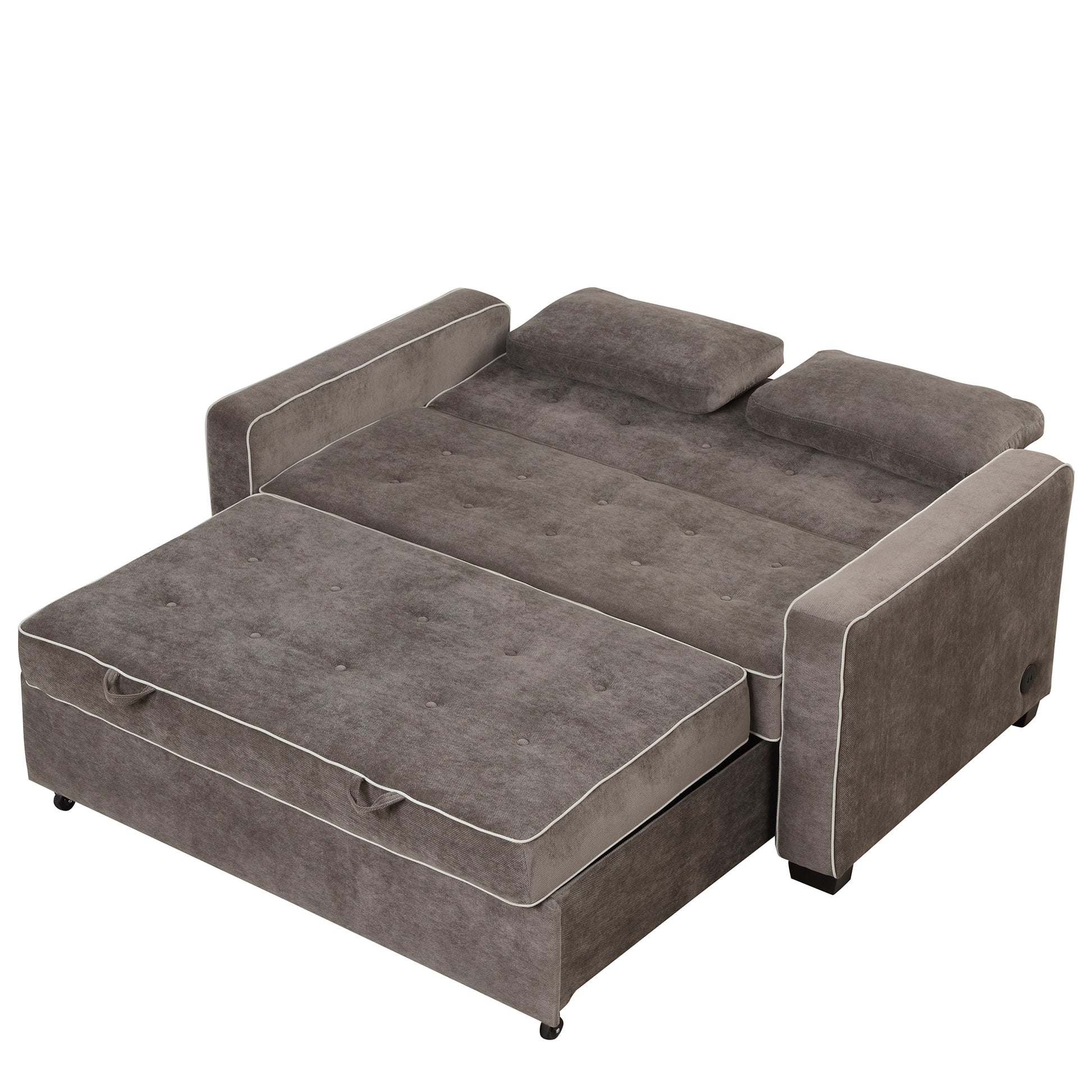 66.5" Linen Upholstered Sleeper Bedpull Out Sofa Bed Couch Attached Two Throw Pillows,Dual Usb Charging Port And Adjustable Backrest For Living Room Space,Brown Gray Brown Gray Foam Linen 2 Seat