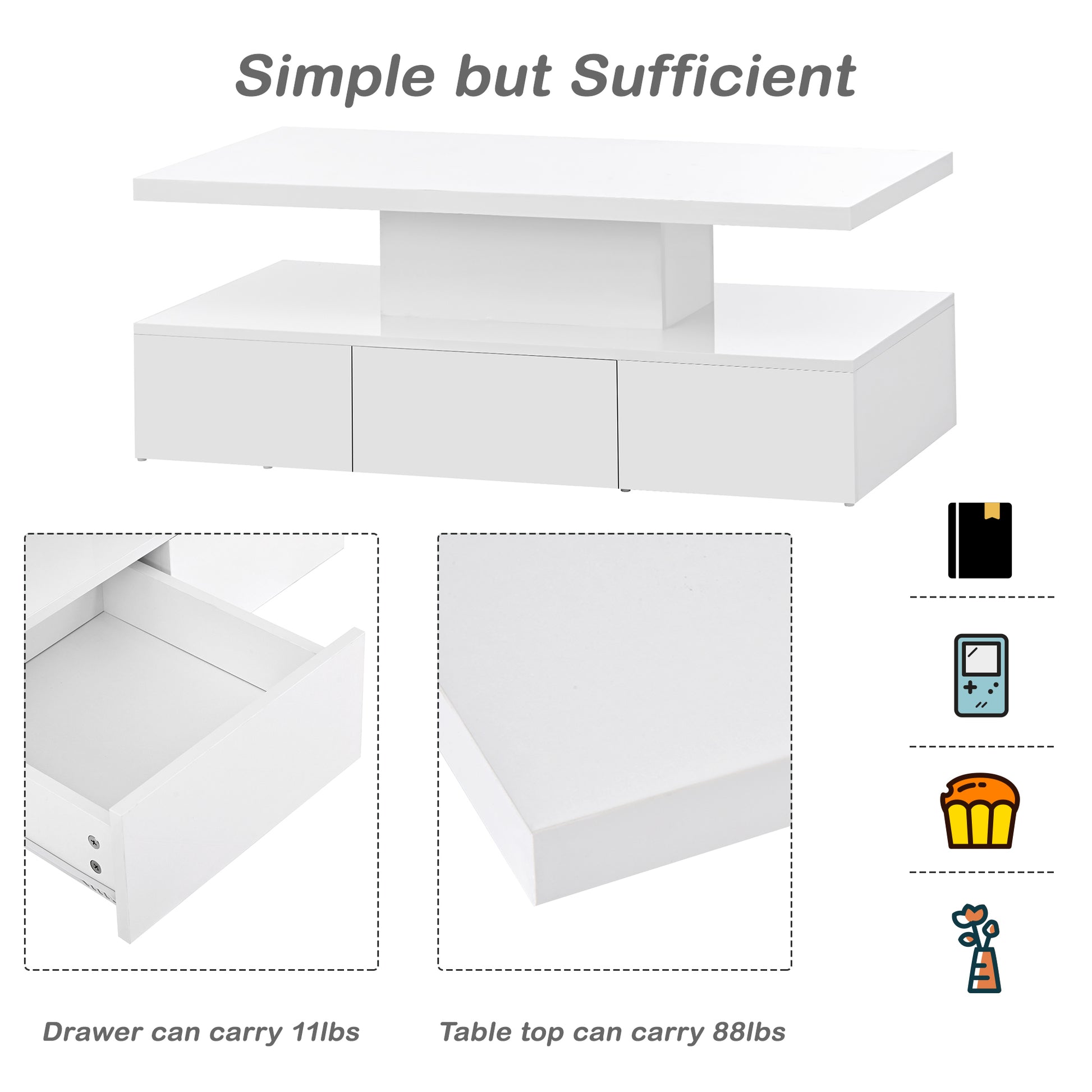 Modern Glossy Coffee Table With Drawer, 2 Tier Rectangle Center Table With Led Lighting For Living Room, 39.3''X19.6''X15.3'', White White Particle Board