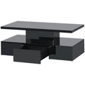 Modern Glossy Coffee Table With Drawer, 2 Tier Rectangle Center Table With Led Lighting For Living Room, 39.3''X19.6''X15.3'', Black Black Particle Board