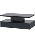 Modern Glossy Coffee Table With Drawer, 2 Tier Rectangle Center Table With Led Lighting For Living Room, 39.3''X19.6''X15.3'', Black Black Particle Board