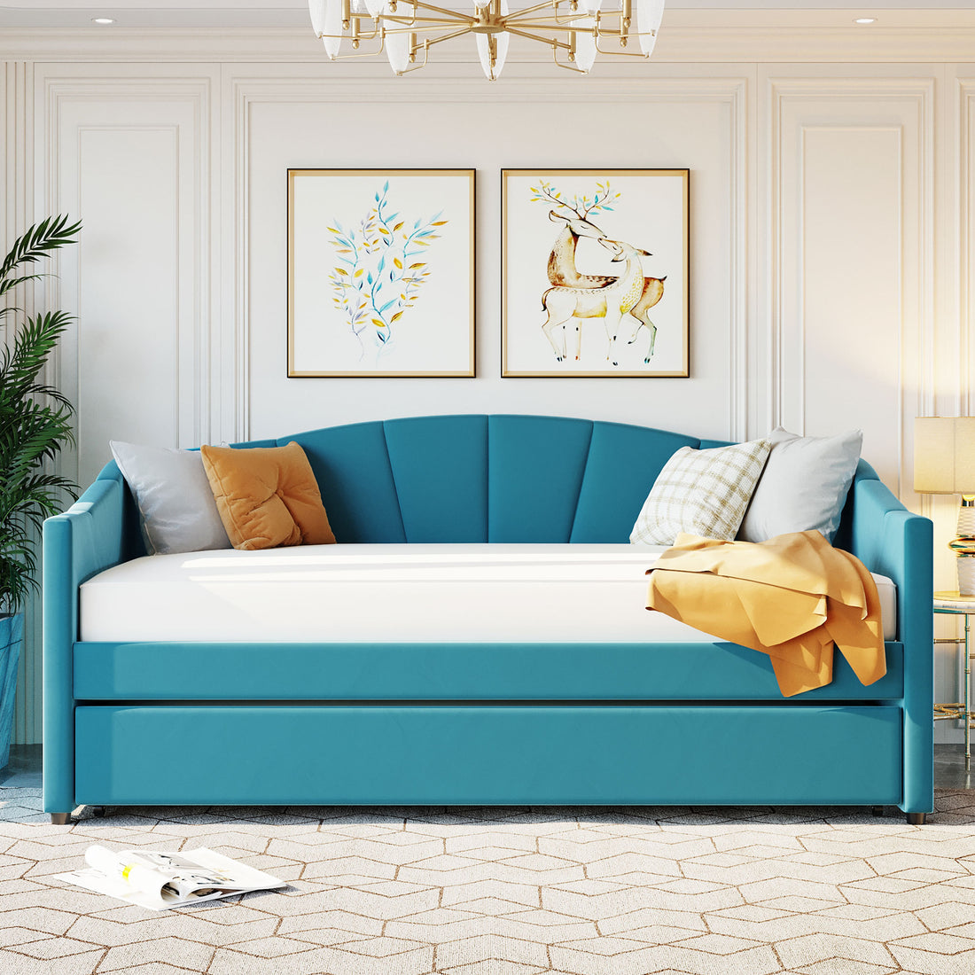 Upholstered Daybed Sofa Bed Twin Size With Trundle Bed And Wood Slat ,Blue Blue Upholstered