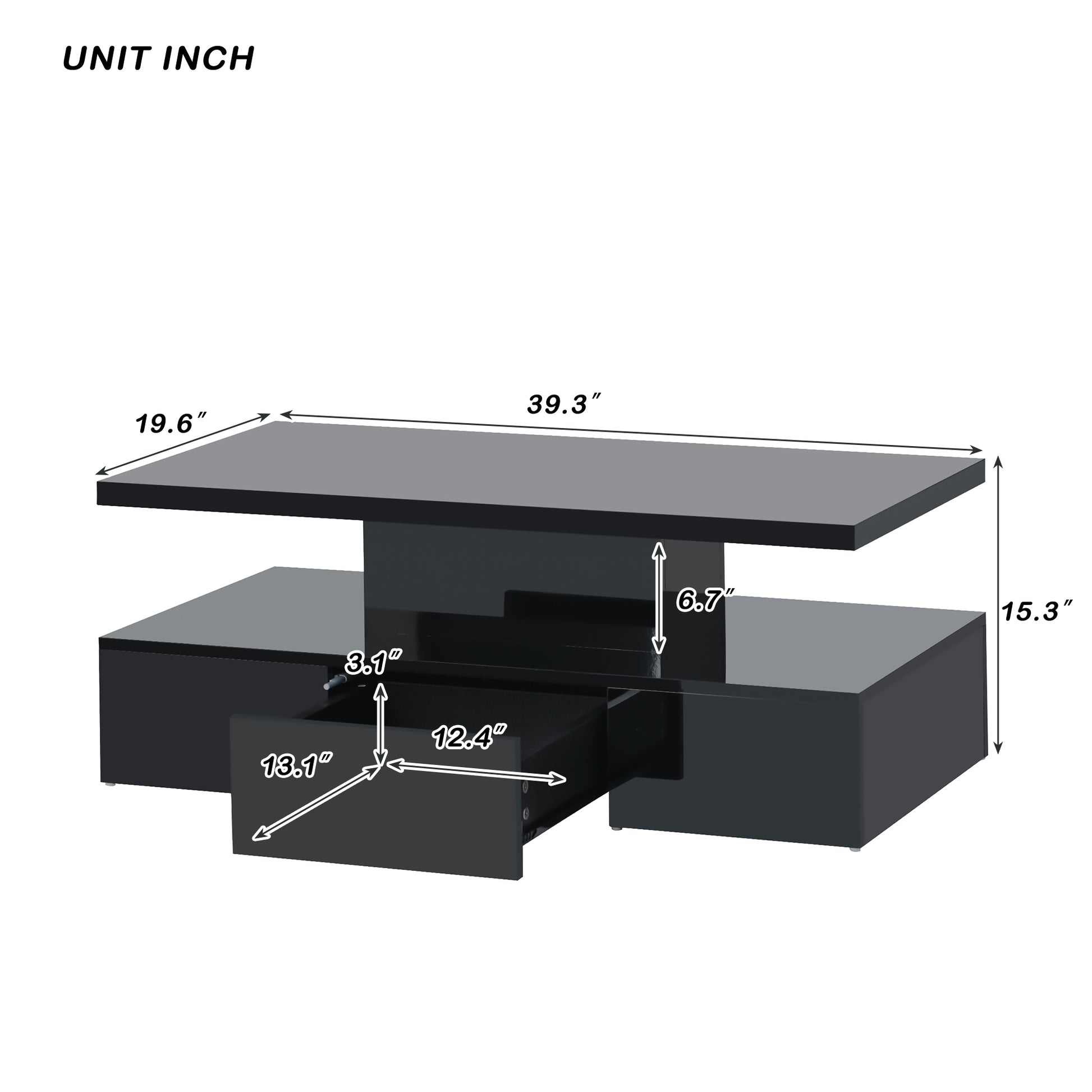 Modern Glossy Coffee Table With Drawer, 2 Tier Rectangle Center Table With Led Lighting For Living Room, 39.3''X19.6''X15.3'', Black Black Particle Board