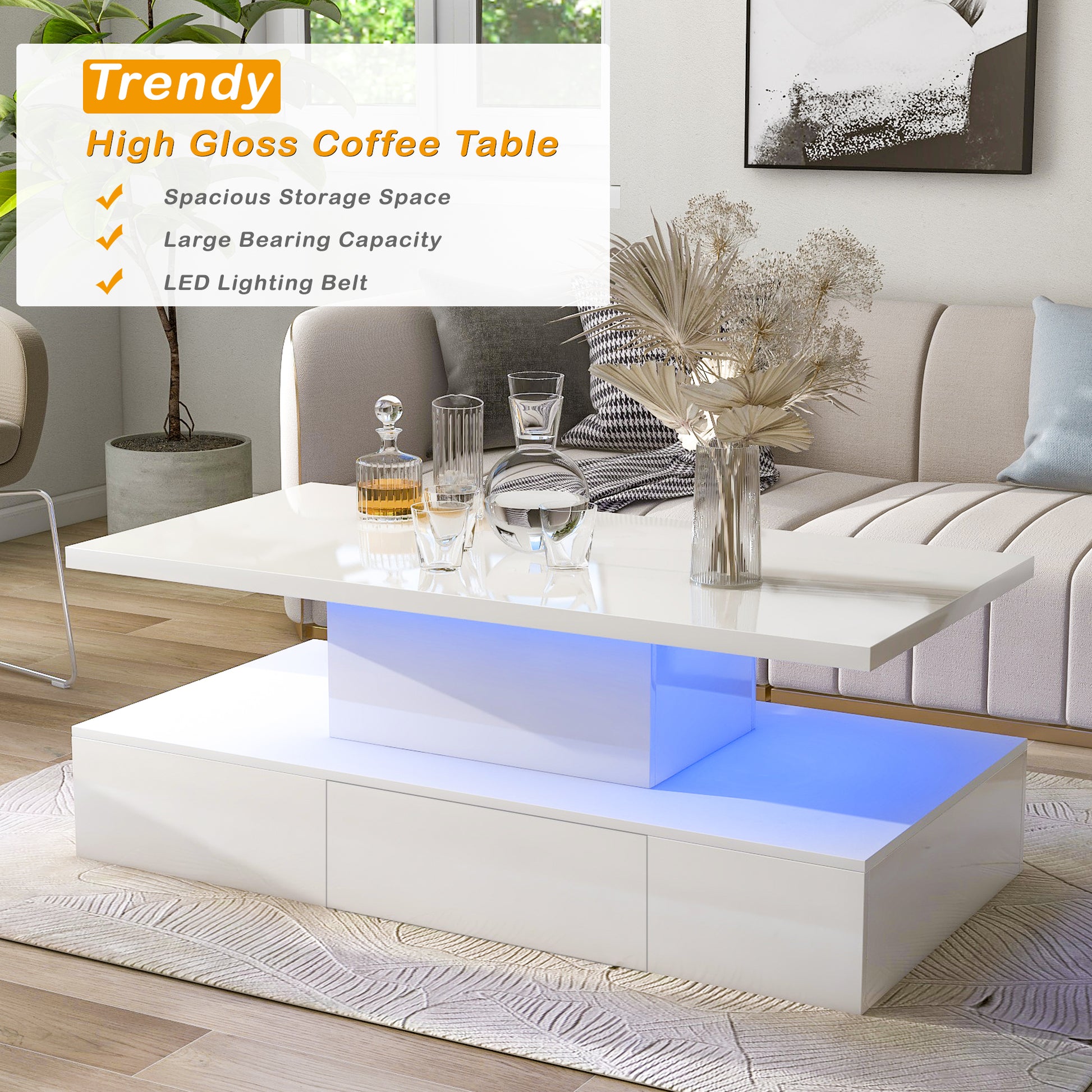 Modern Glossy Coffee Table With Drawer, 2 Tier Rectangle Center Table With Led Lighting For Living Room, 39.3''X19.6''X15.3'', White White Particle Board