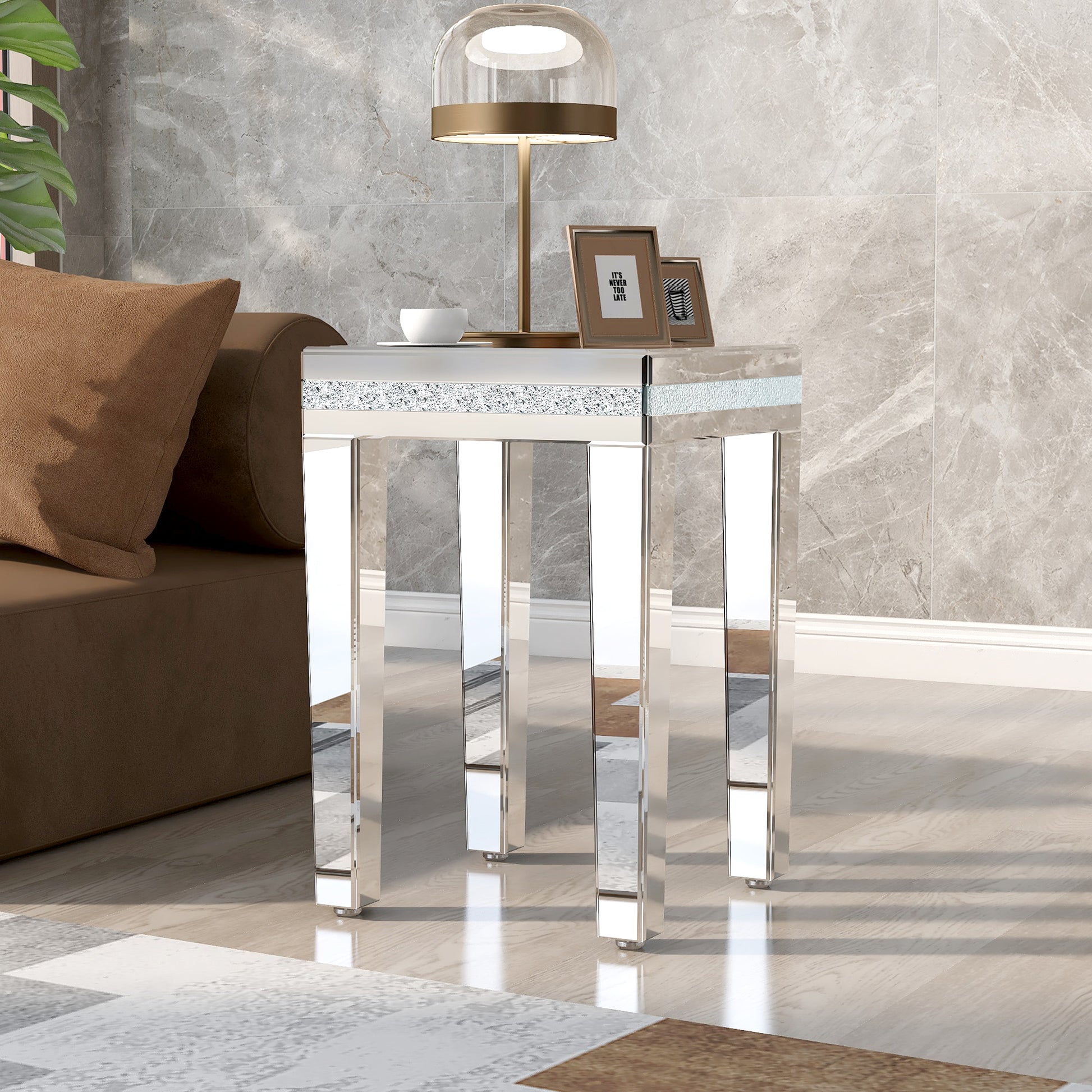 Fashionable Modern Glass Mirrored Side Table, Easy Assembly End Table With Crystal Design And Adjustable Height Legs, Silver Silver Glass