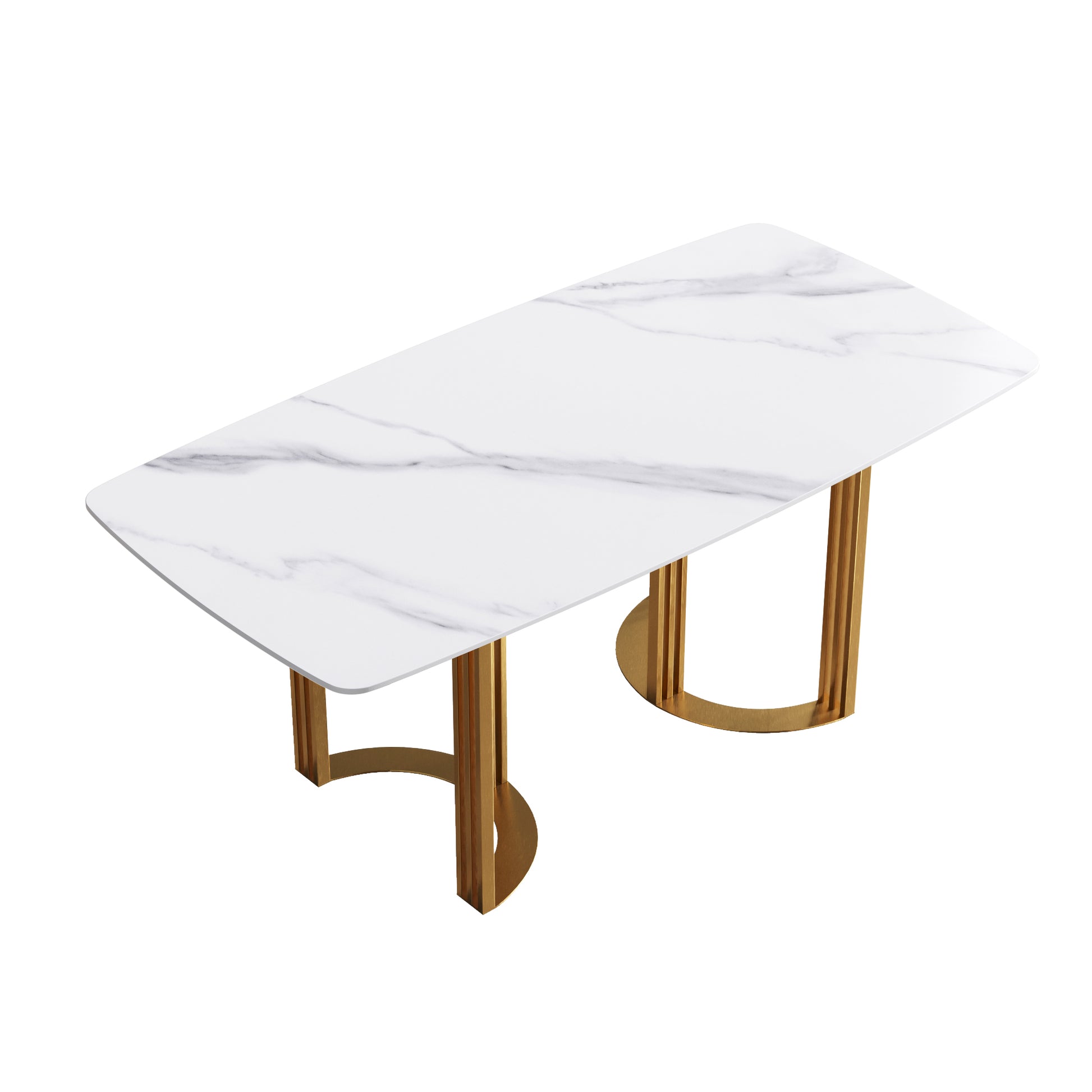 70.87"Modern Artificial Stone White Curved Golden Metal Leg Dining Table Can Accommodate 6 8 People White Metal Sintered Stone