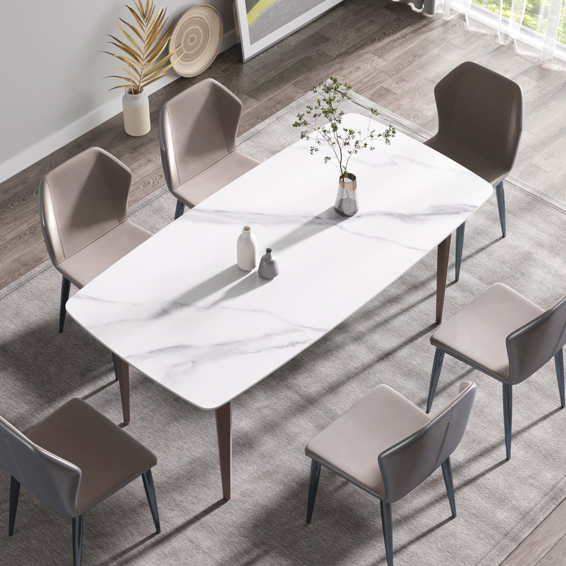 70.87"Modern Artificial Stone White Curved Metal Leg Dining Table Can Accommodate 6 8 People White Metal Sintered Stone