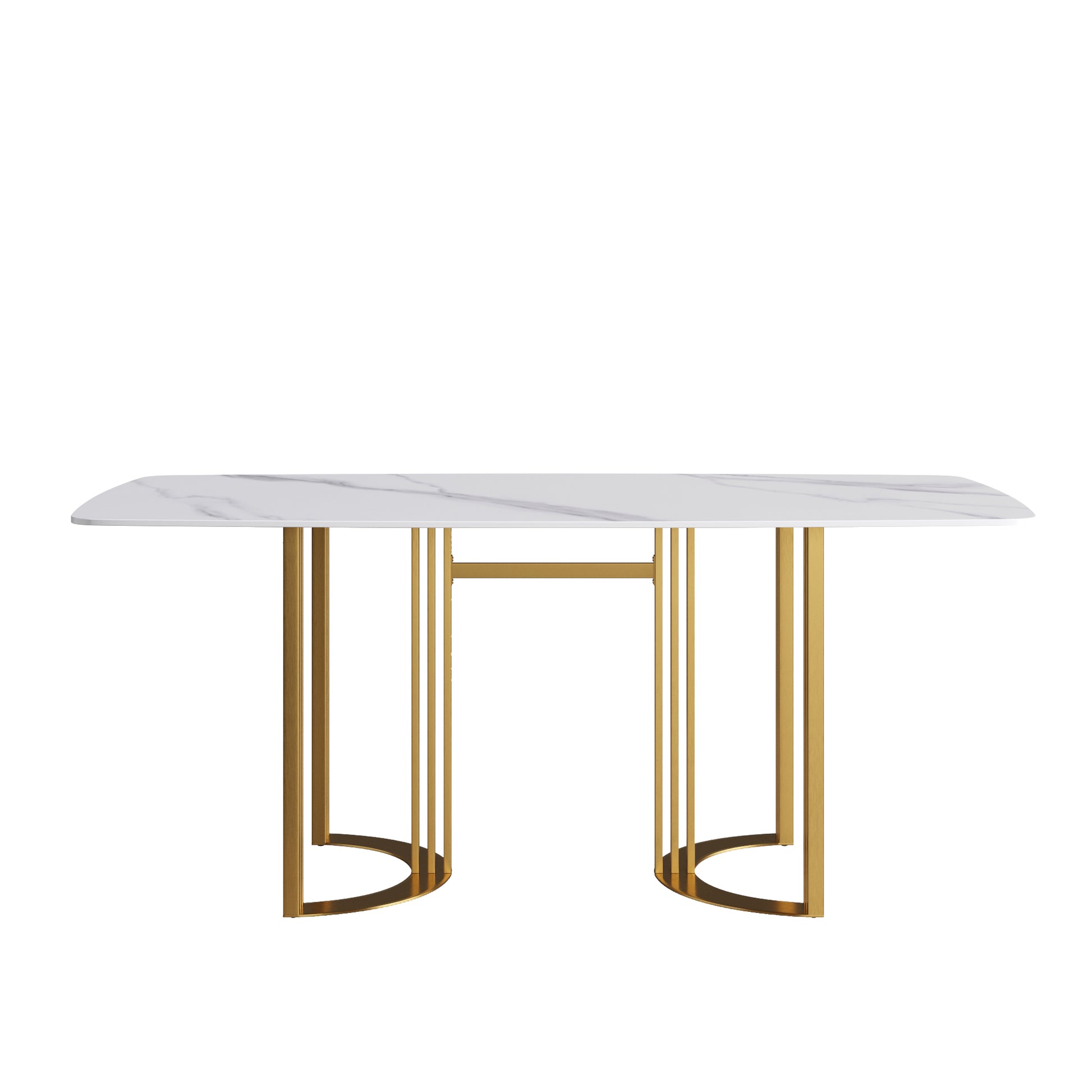 70.87"Modern Artificial Stone White Curved Golden Metal Leg Dining Table Can Accommodate 6 8 People White Metal Sintered Stone