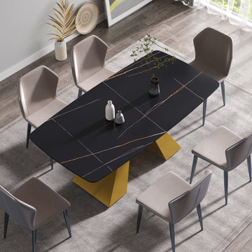 70.87"Modern Artificial Stone Black Curved Golden Metal Leg Dining Table Can Accommodate 6 8 People Black Metal Sintered Stone