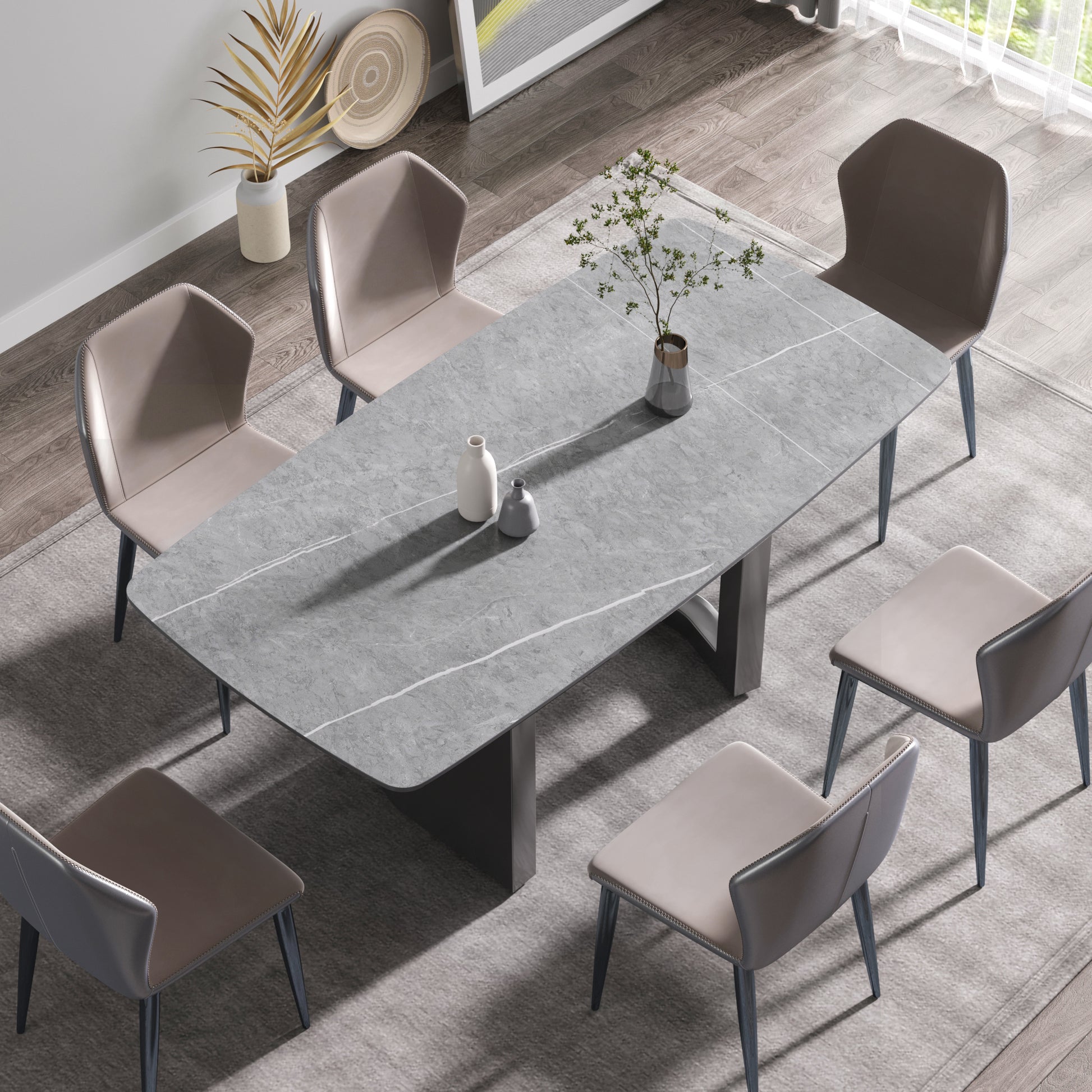 70.87"Modern Artificial Stone Gray Curved Black Metal Leg Dining Table Can Accommodate 6 8 People Gray Metal Sintered Stone