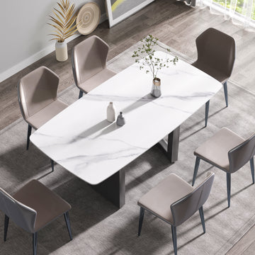 70.87"Modern Artificial Stone White Curved Black Metal Leg Dining Table Can Accommodate 6 8 People White Metal Sintered Stone