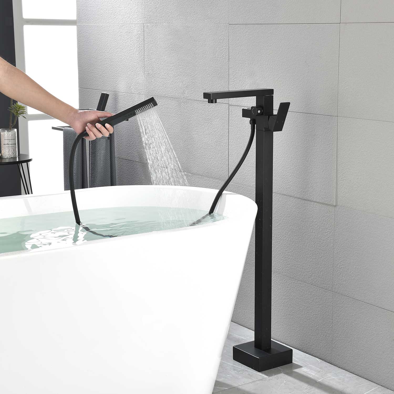 Freestanding Bathtub Faucet Tub Filler Matte Black Floor Mount Bathroom Faucets Brass Single Handle With Hand Shower Matte Black Stainless Steel