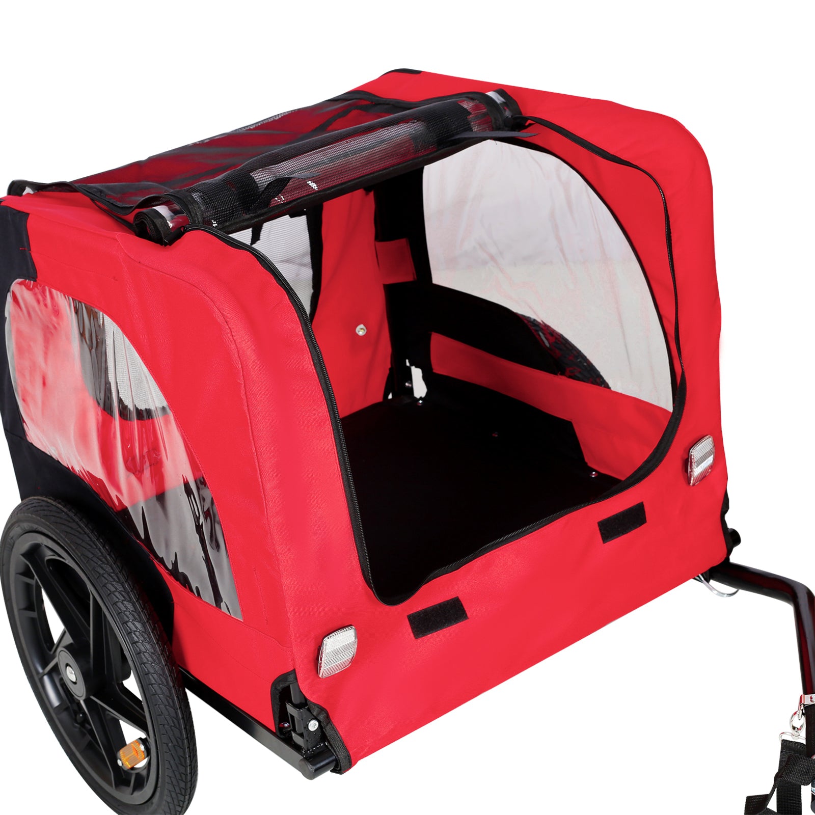 Bicycle Trailer For Pets Outdoor Foldable Red Color Dog Trailer With Reflectors And Safty Flag Red Oxford Fabric Steel
