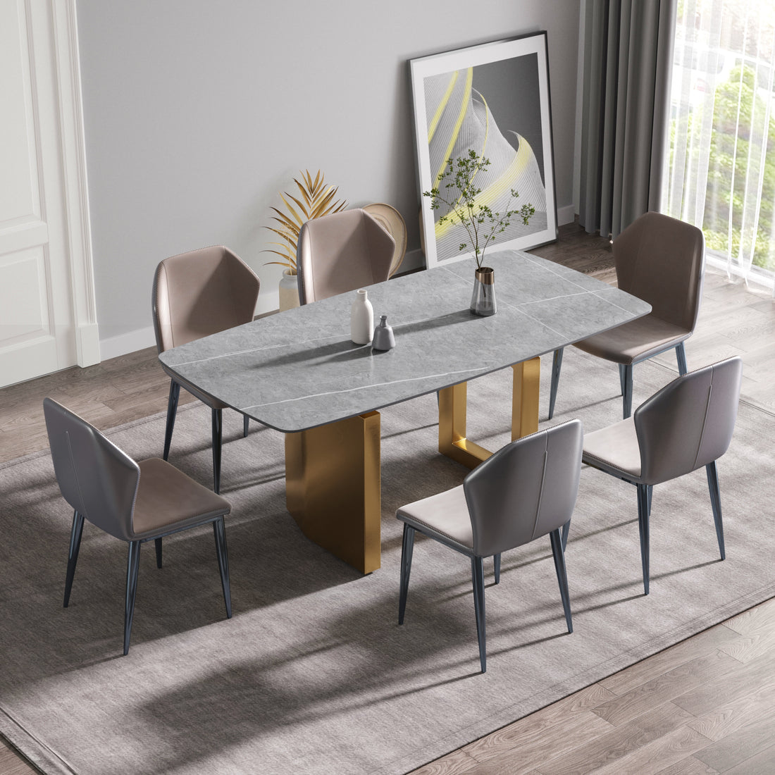 70.87"Modern Artificial Stone Gray Curved Golden Metal Leg Dining Table Can Accommodate 6 8 People Gray Metal Sintered Stone