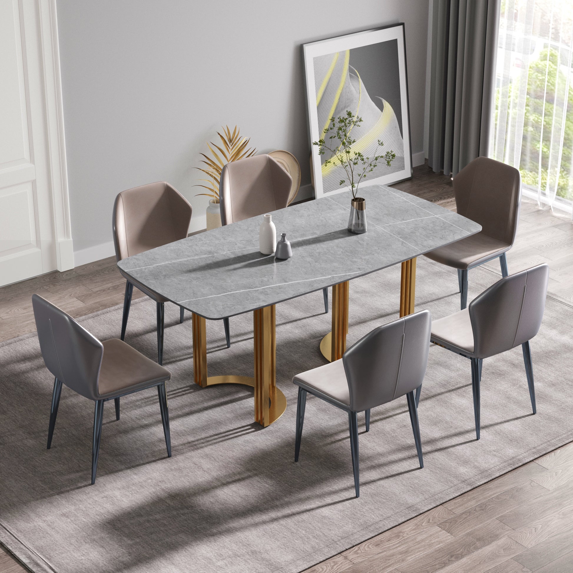 70.87"Modern Artificial Stone Gray Curved Golden Metal Leg Dining Table Can Accommodate 6 8 People Gray Metal Sintered Stone