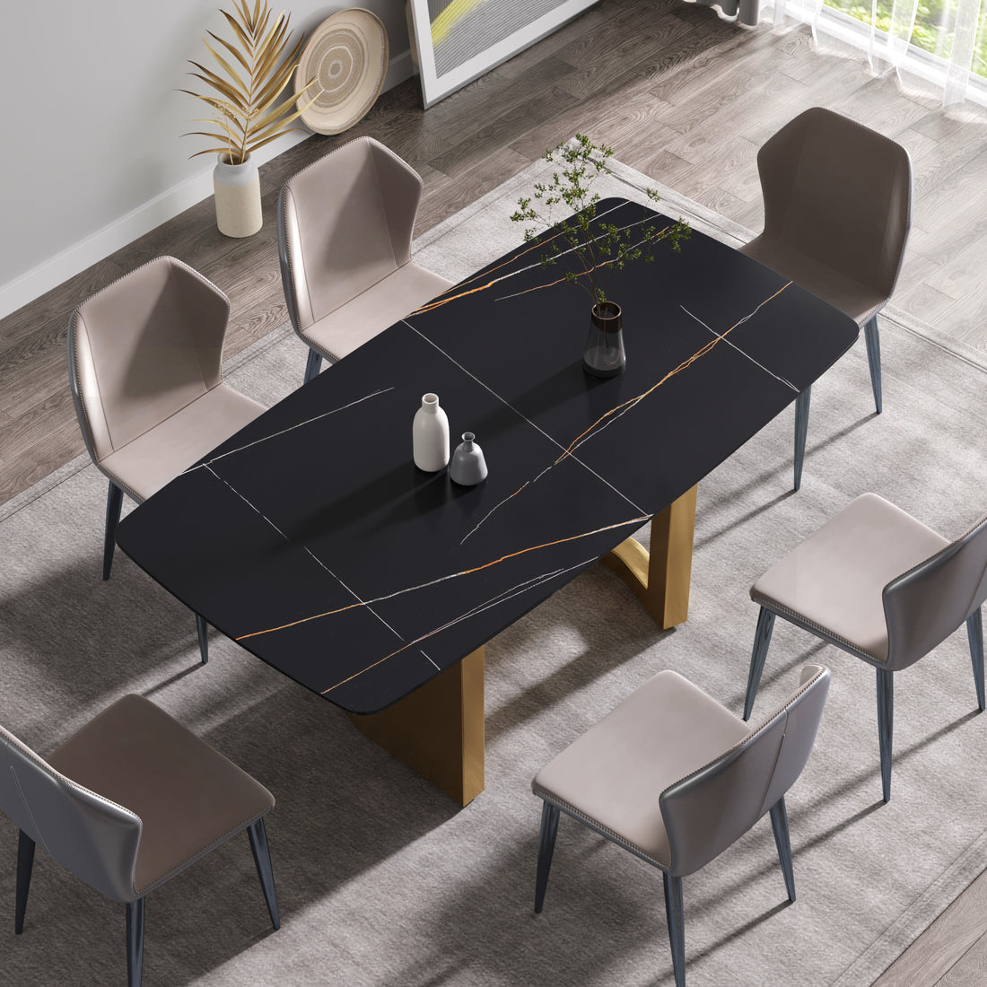 70.87"Modern Artificial Stone Black Curved Golden Metal Leg Dining Table Can Accommodate 6 8 People Black Metal Sintered Stone