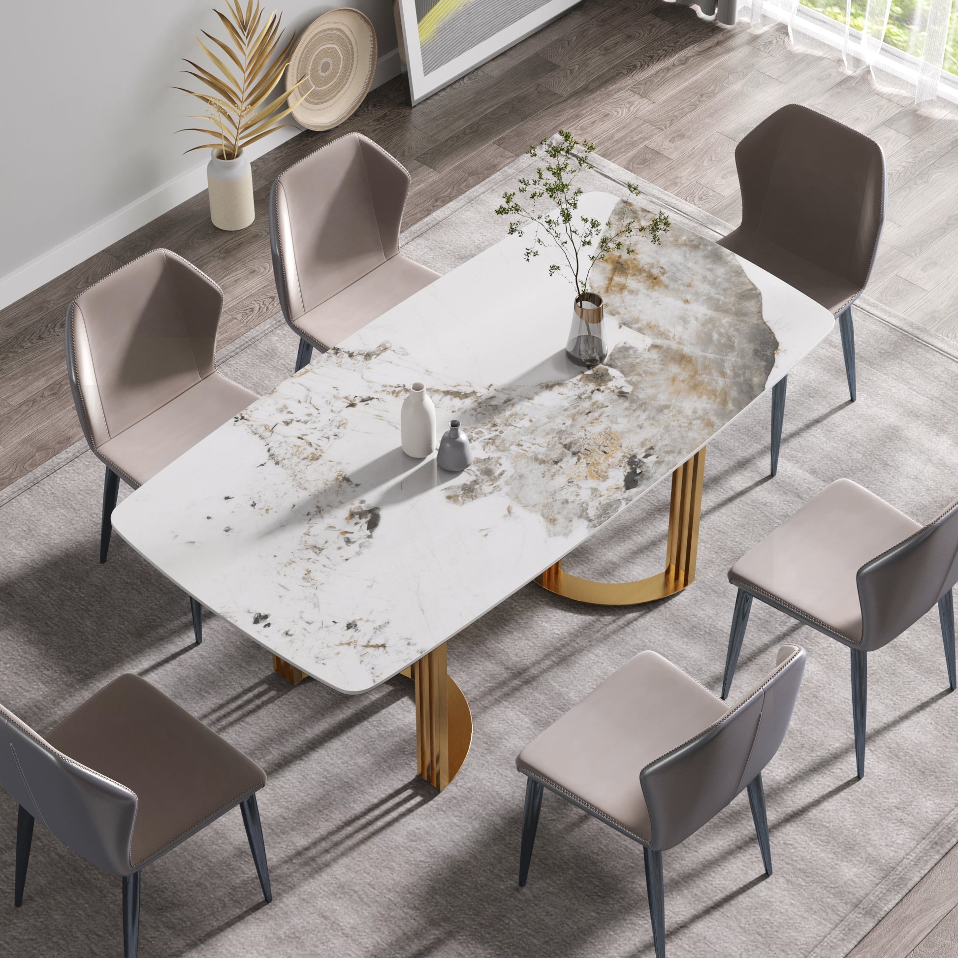 70.87"Modern Artificial Stone Pandora White Curved Golden Metal Leg Dining Table Can Accommodate 6 8 People Antique White Metal Sintered Stone