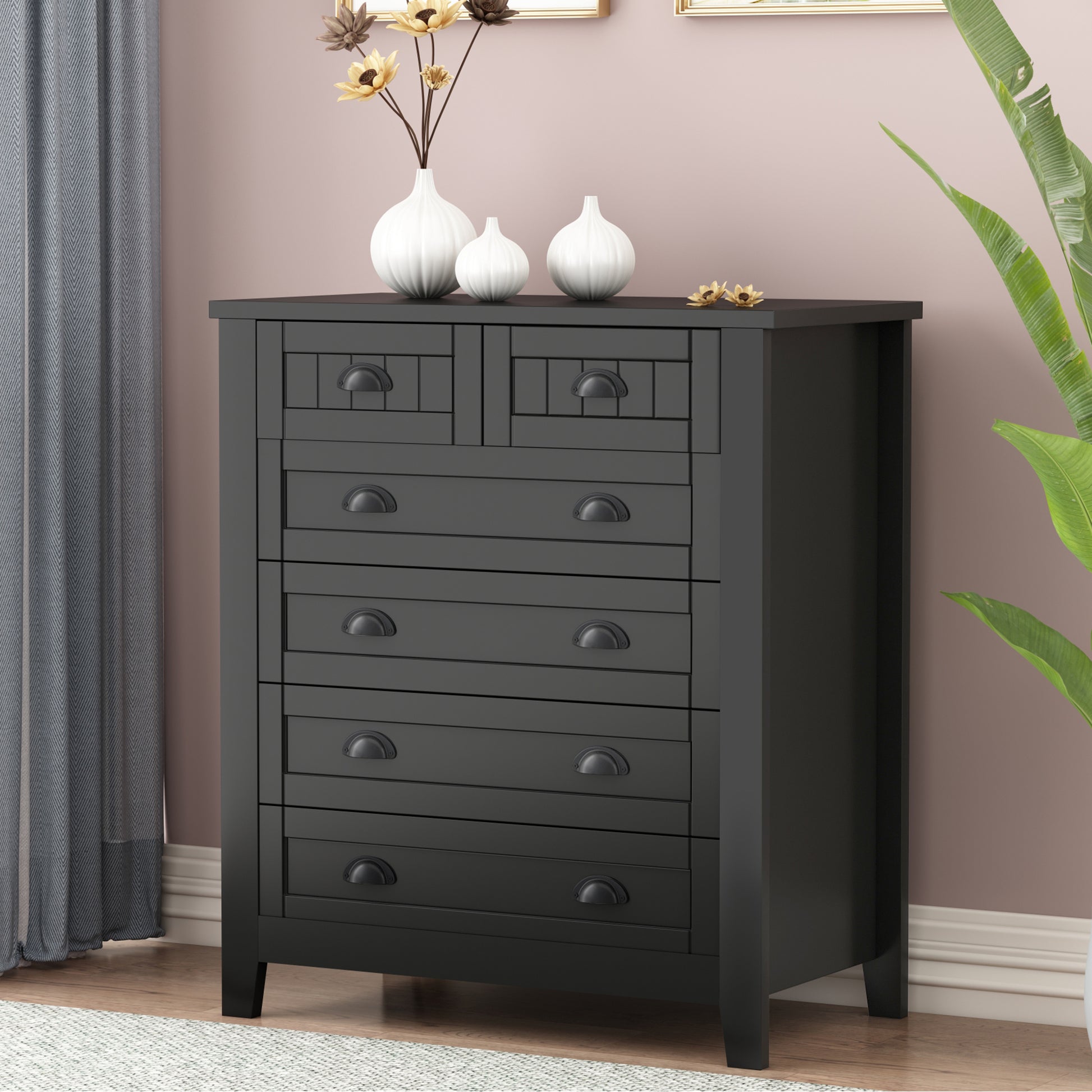 Drawer Dresser Bar Cabinet Side Cabinet,Buffet Sideboard,Buffet Service Counter, Solid Wood Frame,Plasticdoor Panel,Retro Shell Handle,Applicable To Dining Room, Living Room, Kitchen ,Corridor,Black 5 Or More Drawers Black Primary Living Space Classic