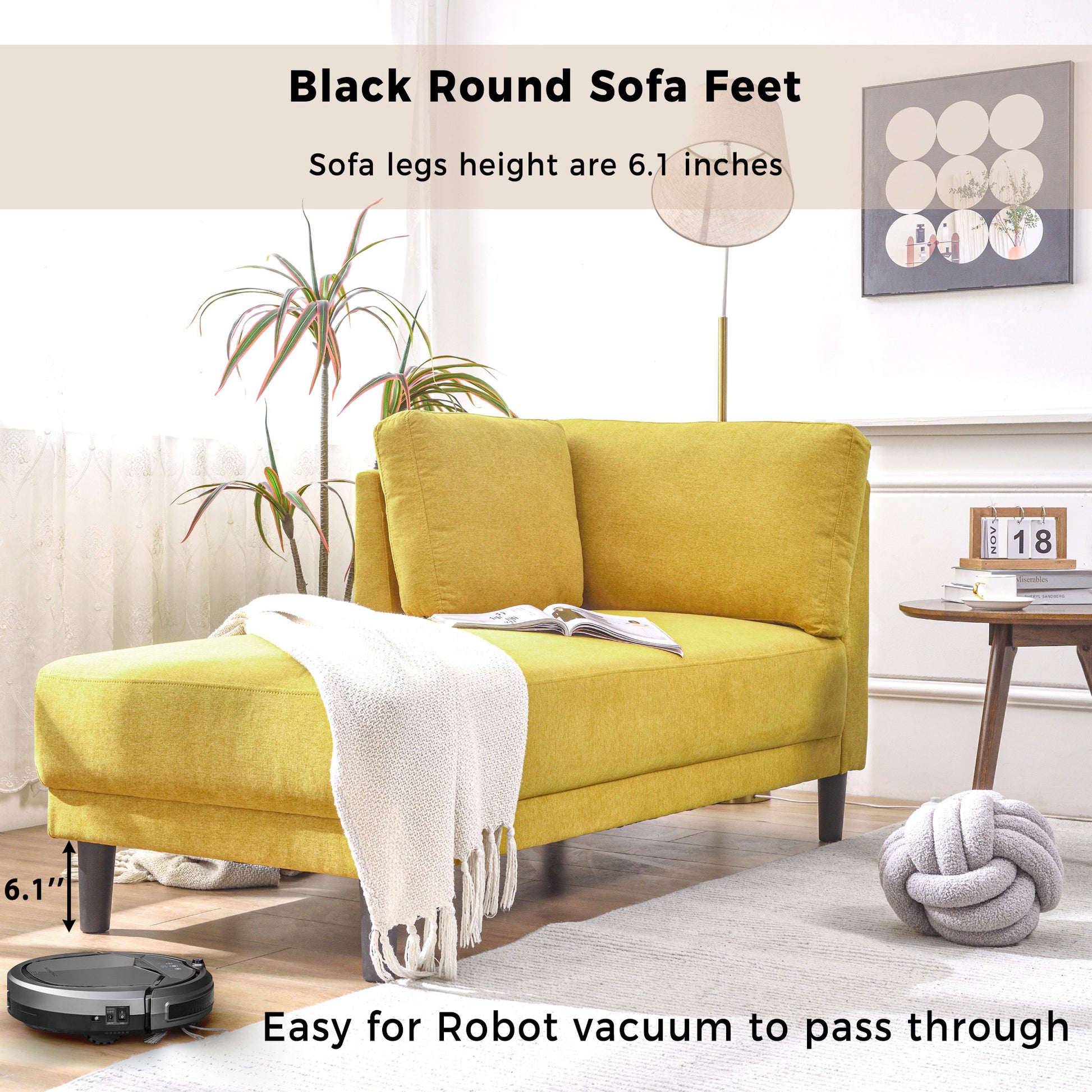 Video 65" Mid Century Modern Fabric Corner Lounge Chair, Upholstered Indoor Chaise Lounge For Bedroom,Office,Small Living Room & Apartment Yellow Fabric Fabric