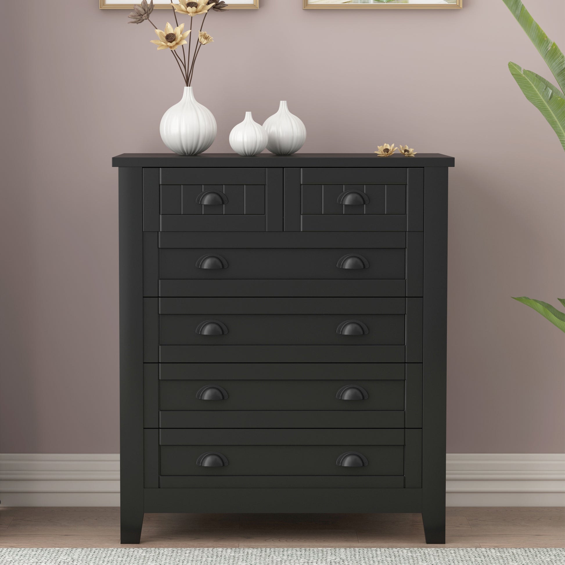 Drawer Dresser Bar Cabinet Side Cabinet,Buffet Sideboard,Buffet Service Counter, Solid Wood Frame,Plasticdoor Panel,Retro Shell Handle,Applicable To Dining Room, Living Room, Kitchen ,Corridor,Black 5 Or More Drawers Black Primary Living Space Classic