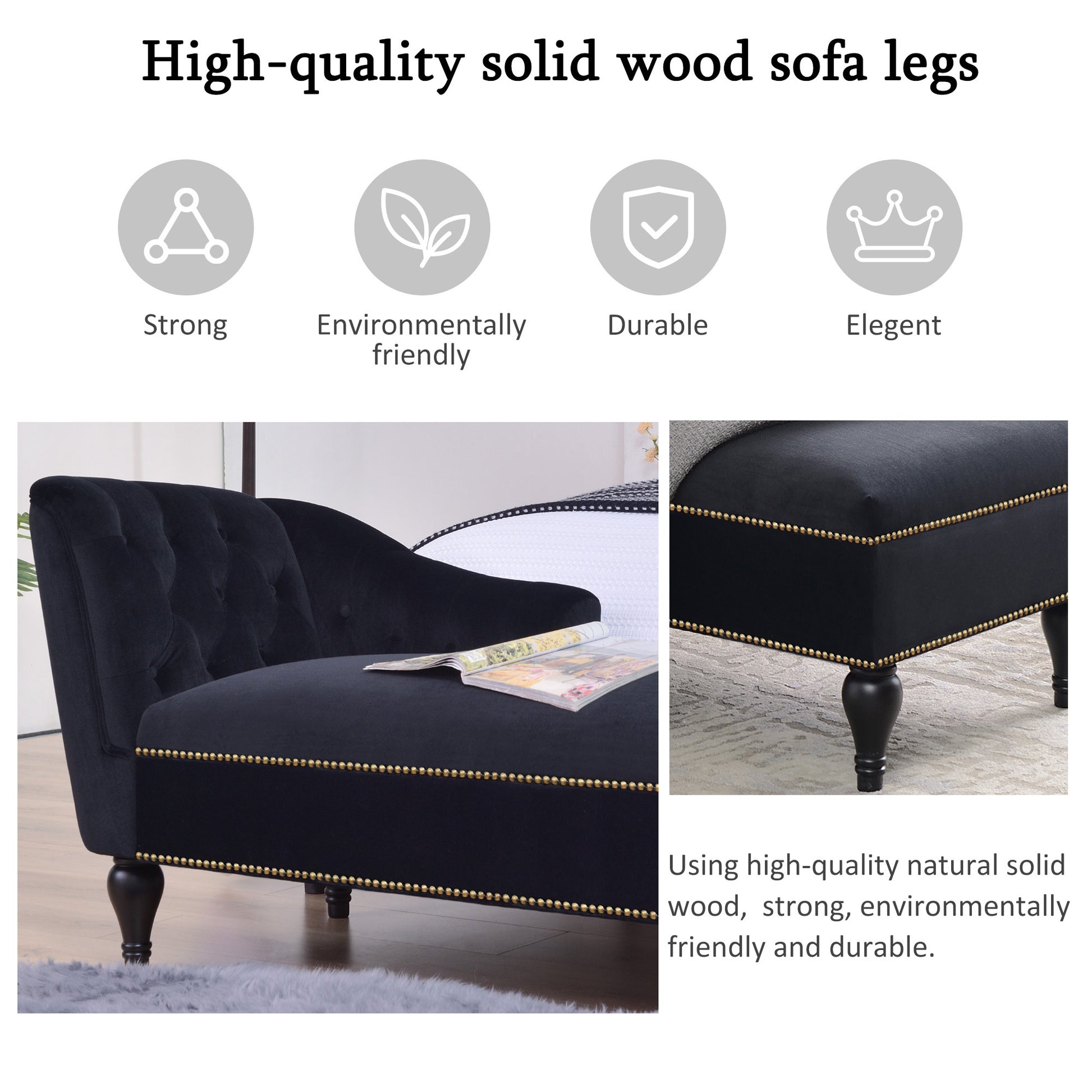 Video 58''Velvet Chaise Lounge,Button Tufted Right Arm Facing Lounge Chair With Trim & Solid Wood Legs For Living Room Or Office,Sleeper Lounge Sofa Style Of Wf284880Aab Black Fabric Velvet