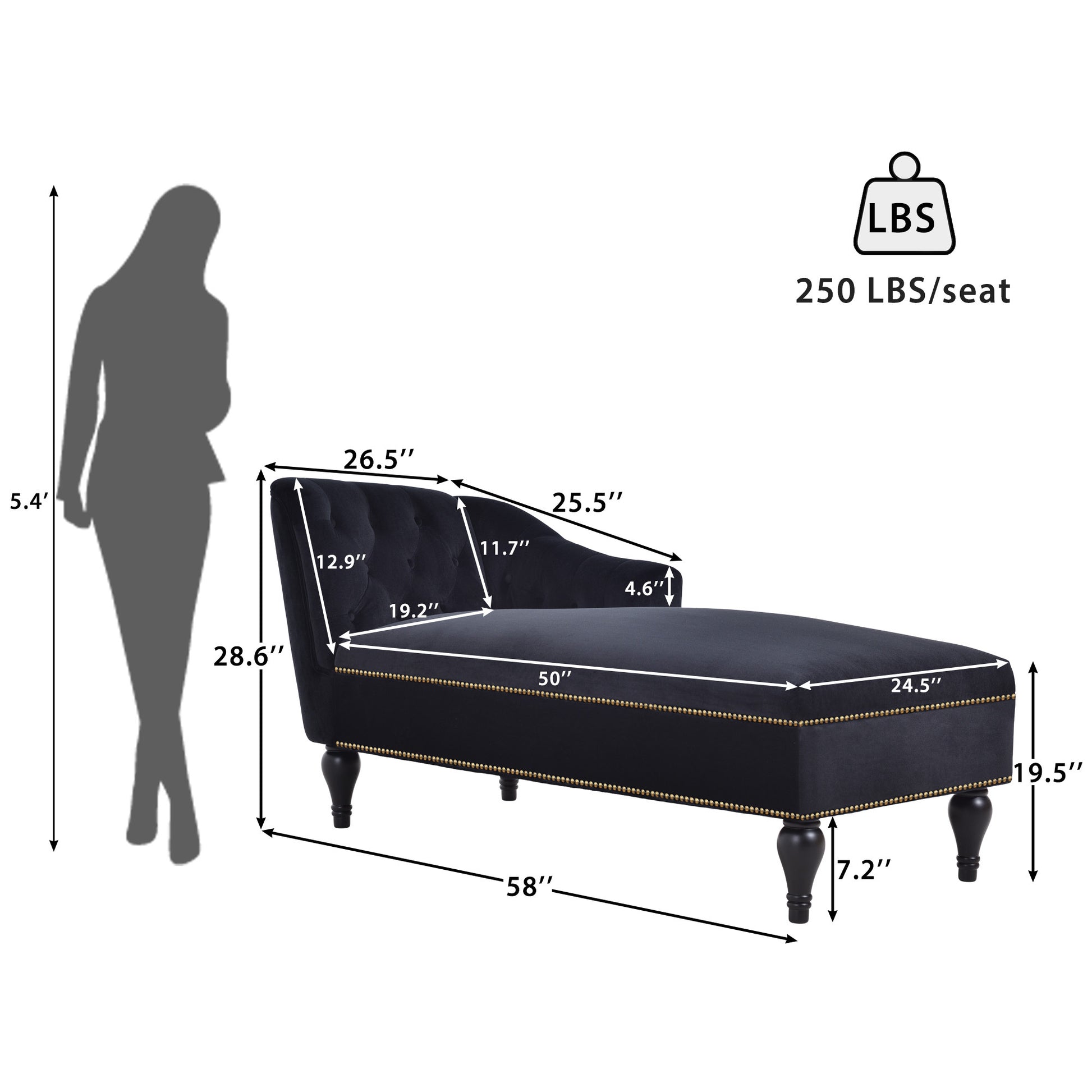 Video 58''Velvet Chaise Lounge,Button Tufted Right Arm Facing Lounge Chair With Trim & Solid Wood Legs For Living Room Or Office,Sleeper Lounge Sofa Style Of Wf284880Aab Black Fabric Velvet