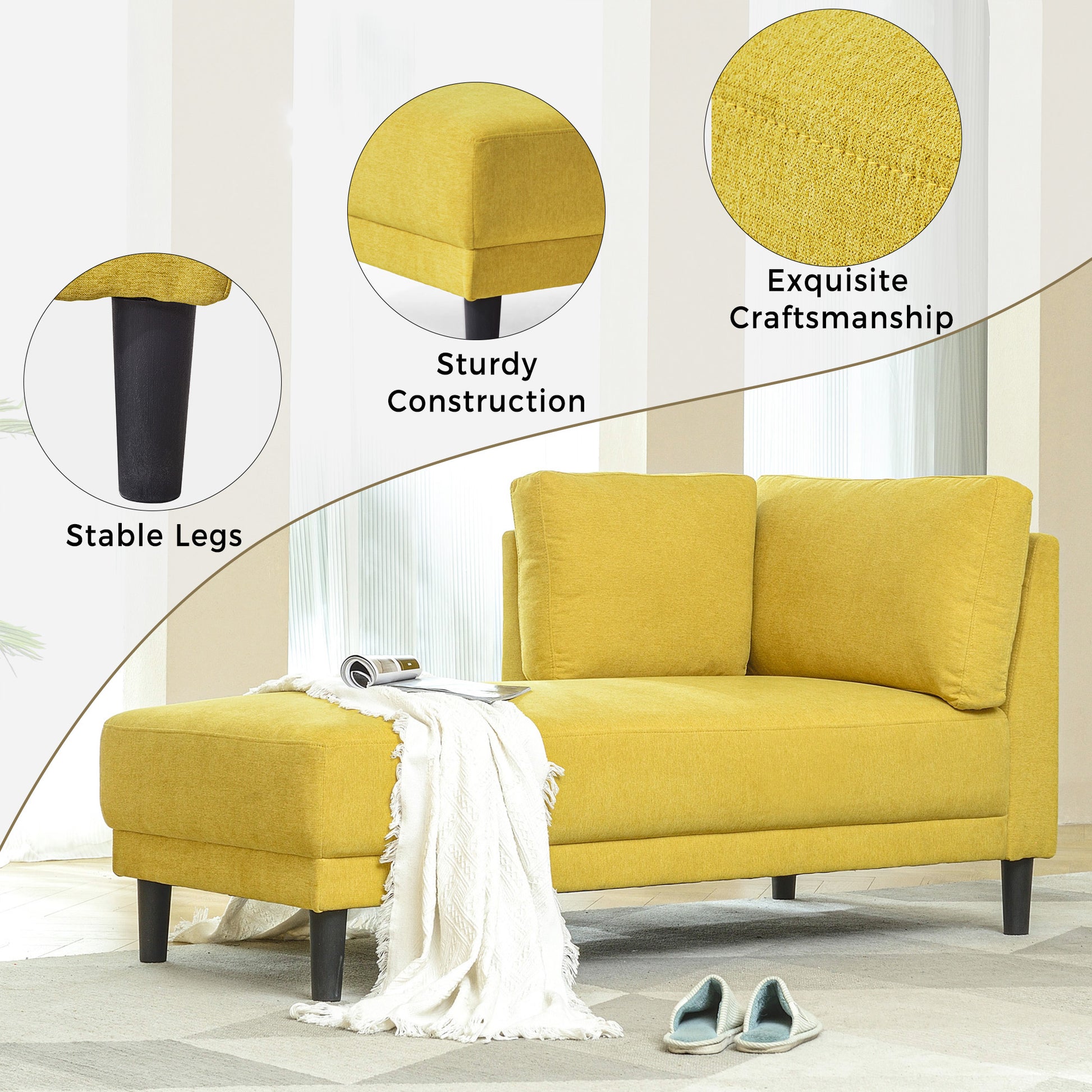 Video 65" Mid Century Modern Fabric Corner Lounge Chair, Upholstered Indoor Chaise Lounge For Bedroom,Office,Small Living Room & Apartment Yellow Fabric Fabric