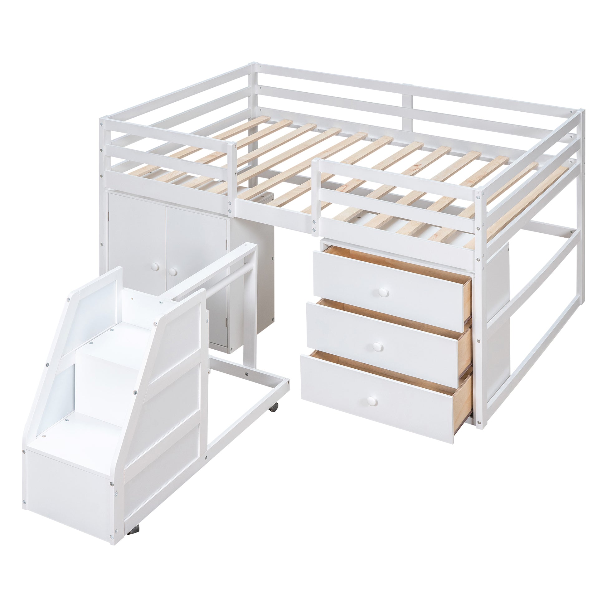 Full Size Functional Loft Bed with Cabinets and white-pine